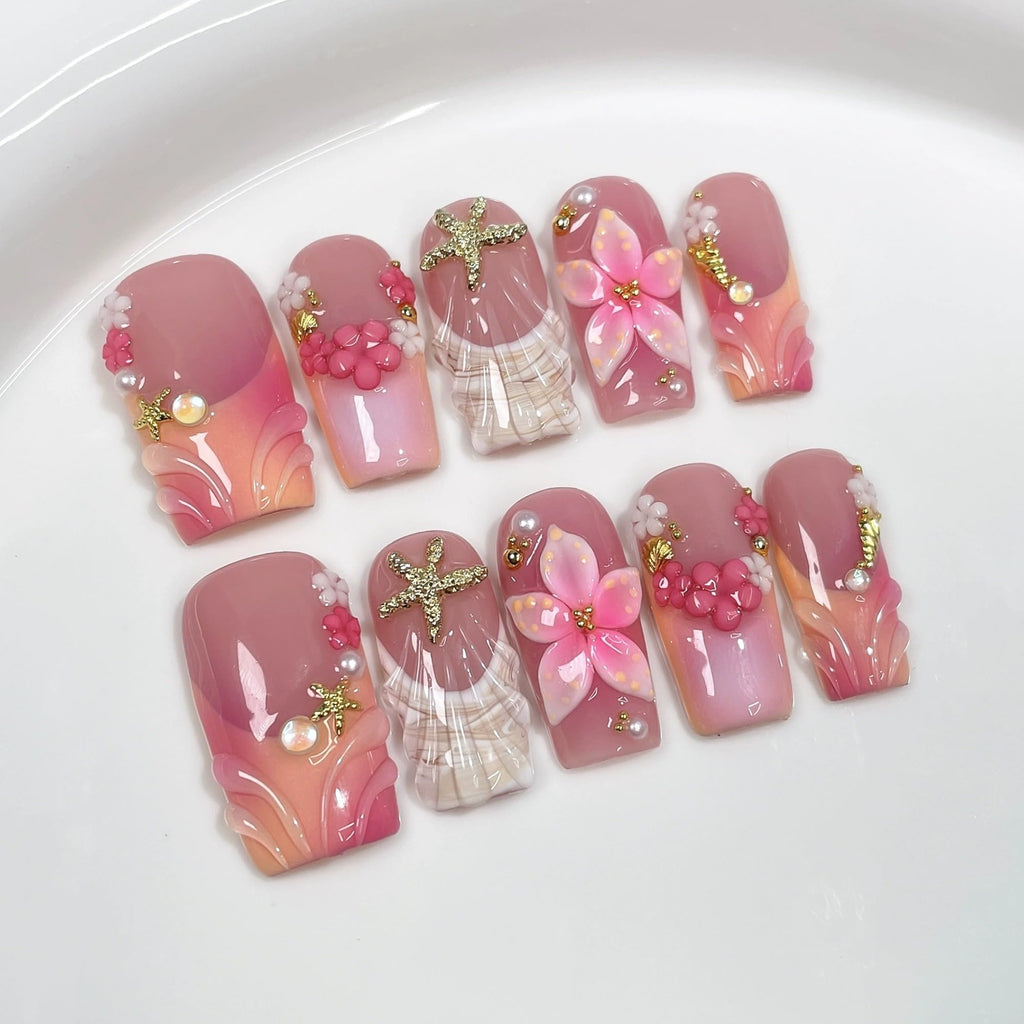Qicaijia Medium Square Press-On Nails – 3D Flower, Shell Starfish Design, Full Cover