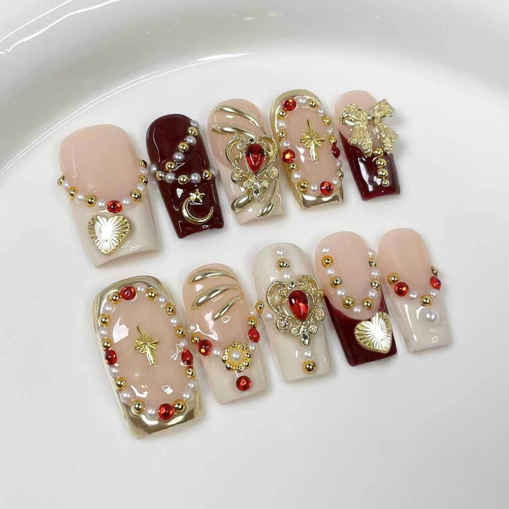 Qicaijia 10Pcs Size M Medium Square Handmade Press-On Nails | Luxury Egyptian Palace Relief with Gold Charms