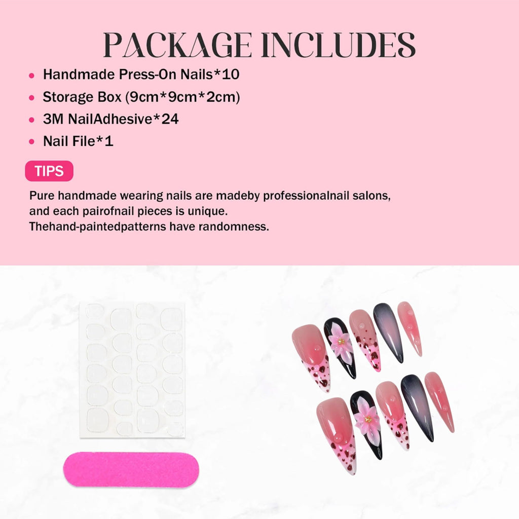 Qicaijia Handmade Almond Press On Nails – Pink Ombre French Tip with 3D Flowers (10Pcs, Size M)
