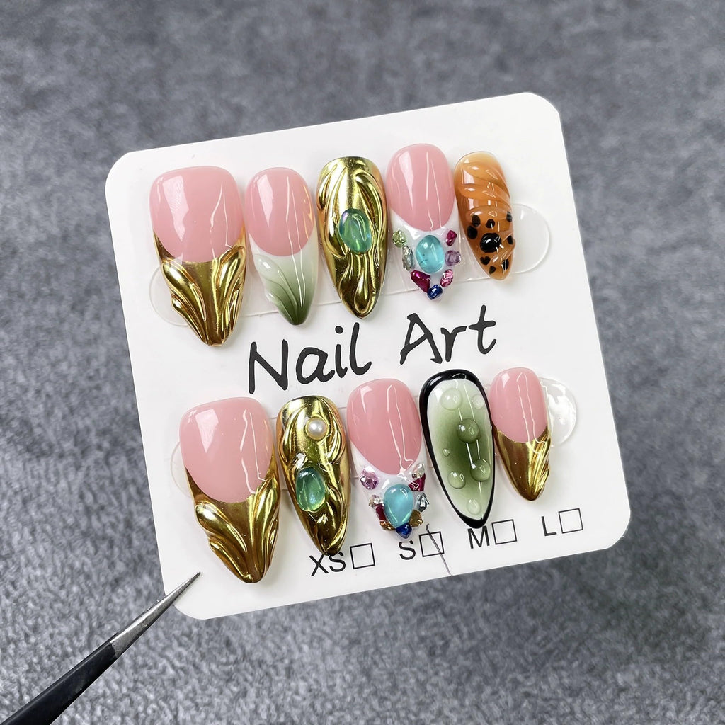 Qicaijia Almond Press-On Nails – Short, 3D Rhinestones, Gold Sparkle, Size M