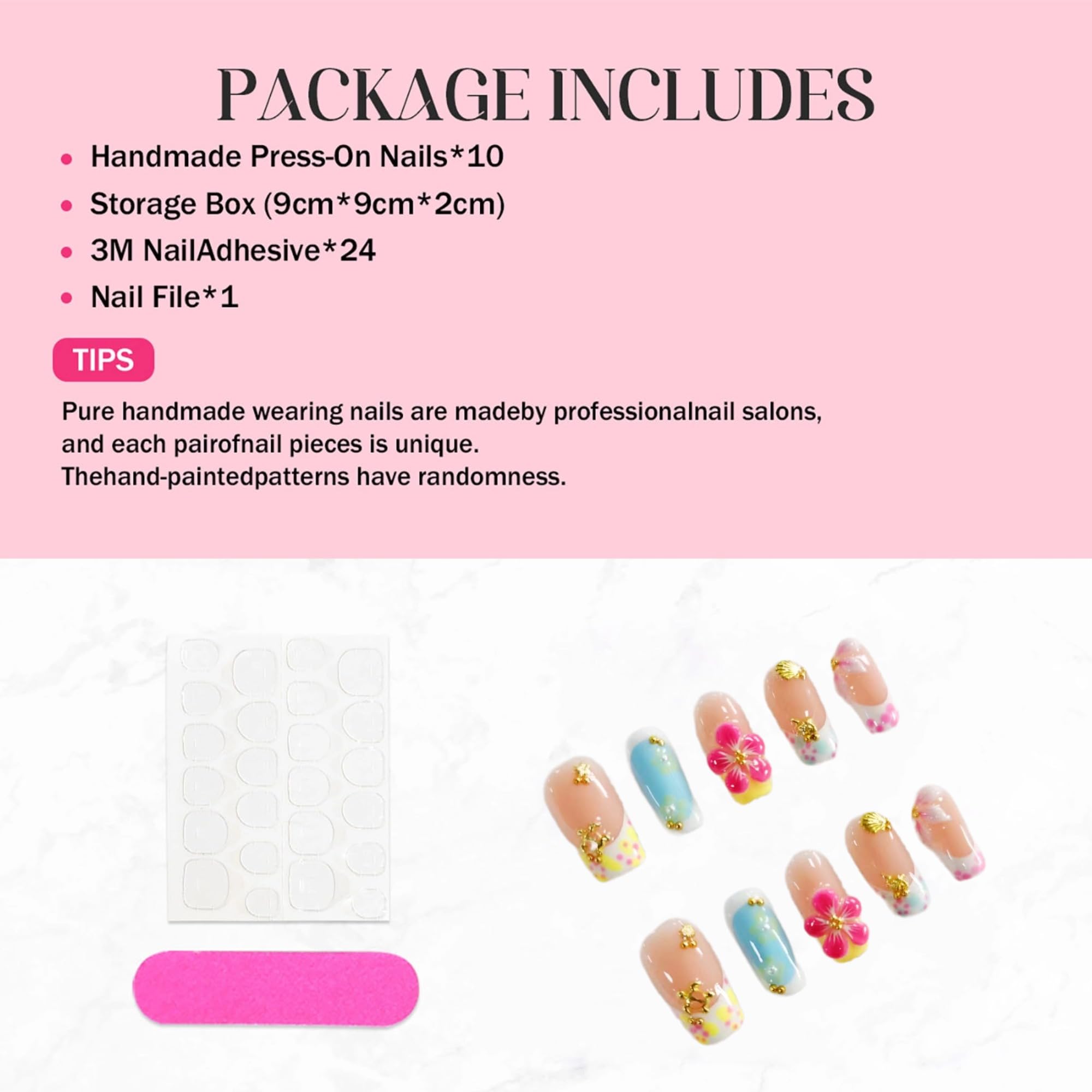 Qicaijia Handmade Medium Press On Nails – 3D Flower, Luxury French Tip, Size M (10Pcs)
