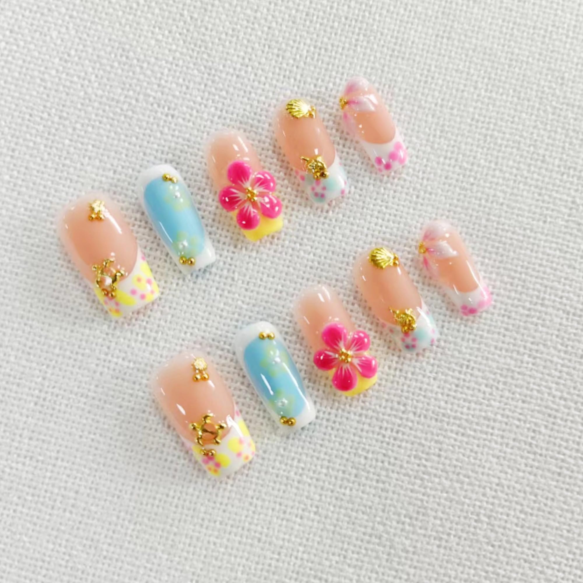 Qicaijia Handmade Medium Press On Nails – 3D Flower, Luxury French Tip, Size M (10Pcs)