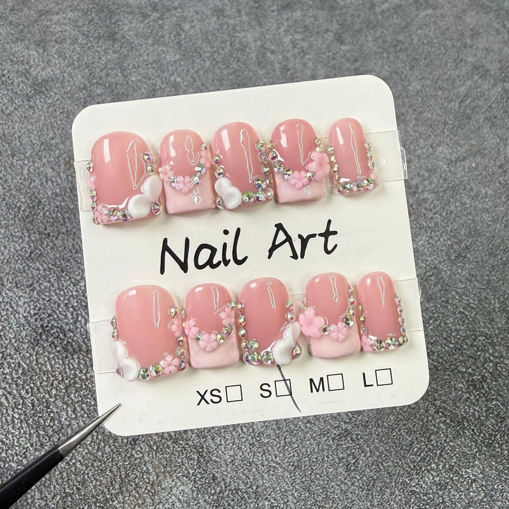 Qicaijia 10Pcs Handmade Press-On Nails – Short Square 3D Flower, Size M