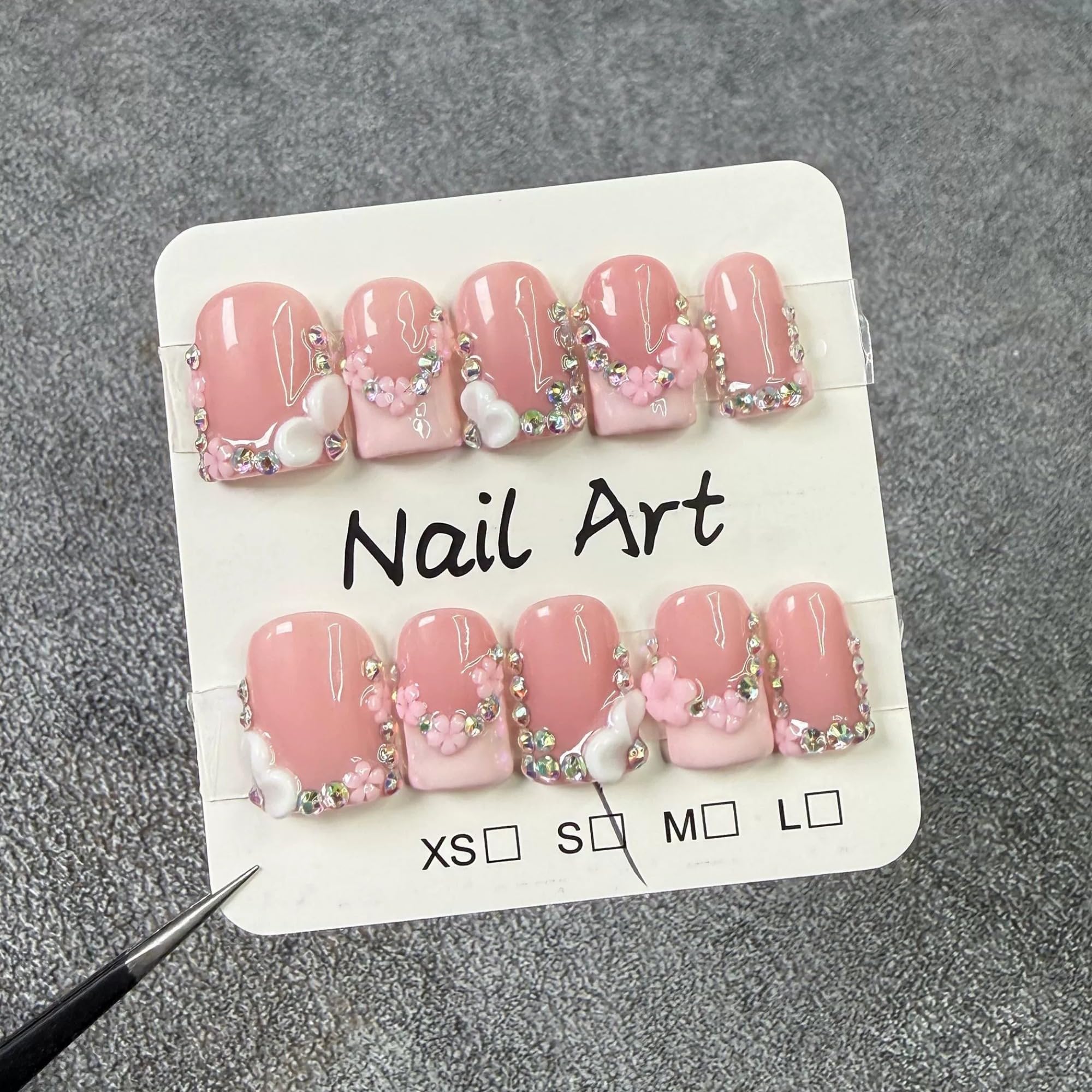Qicaijia 10Pcs Handmade Press-On Nails – Short Square 3D Flower, Size M