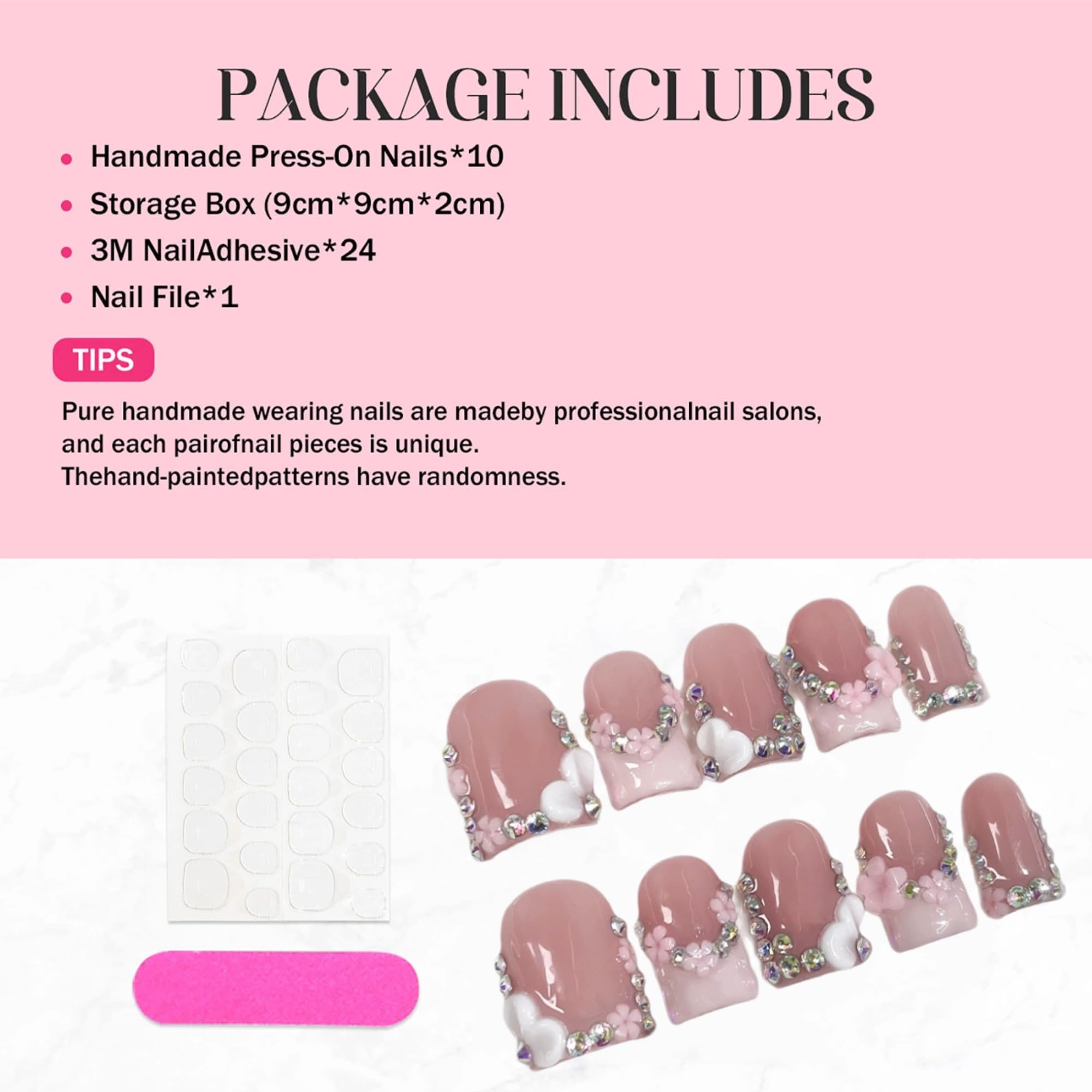 Qicaijia 10Pcs Handmade Press-On Nails – Short Square 3D Flower, Size M