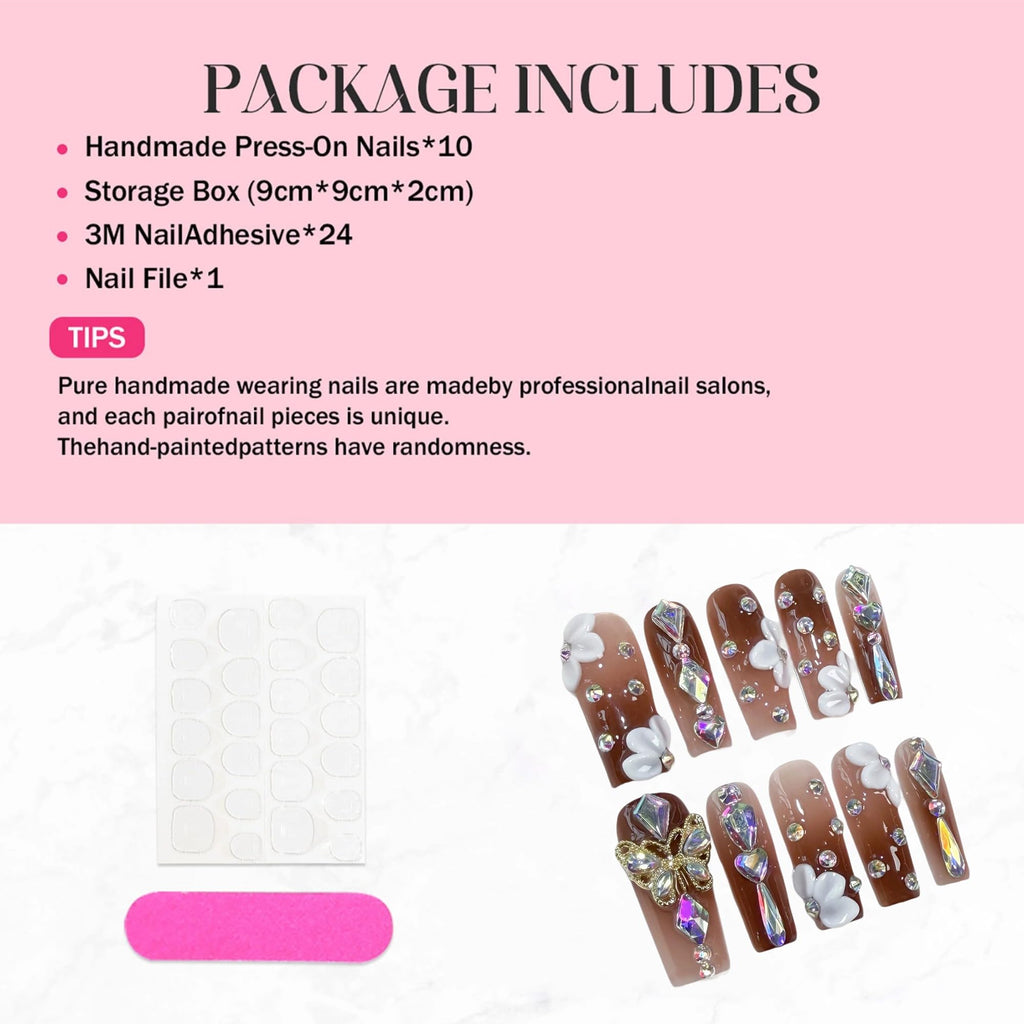 Qicaijia Long Press Nails – Square Luxury Reusable False Nails with 3D Flower & Butterfly Design (10Pcs, Size M)