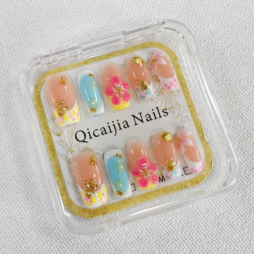 Qicaijia Handmade Medium Press On Nails – 3D Flower, Luxury French Tip, Size M (10Pcs)