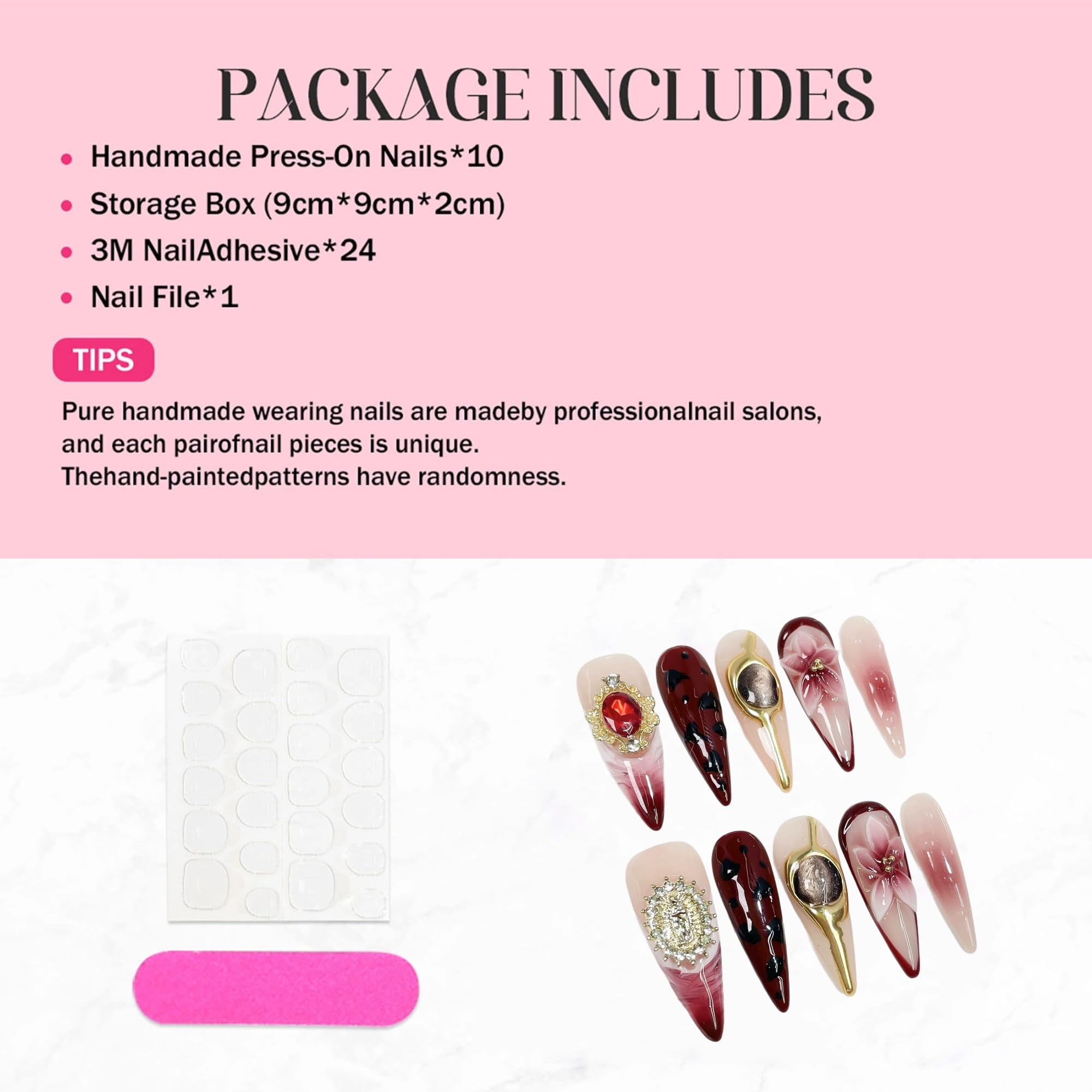 Qicaijia Handmade Press-On Nails Long Burgundy French Tips – 3D Floral, Cat Eye & Charms (10 Pcs, Size M)