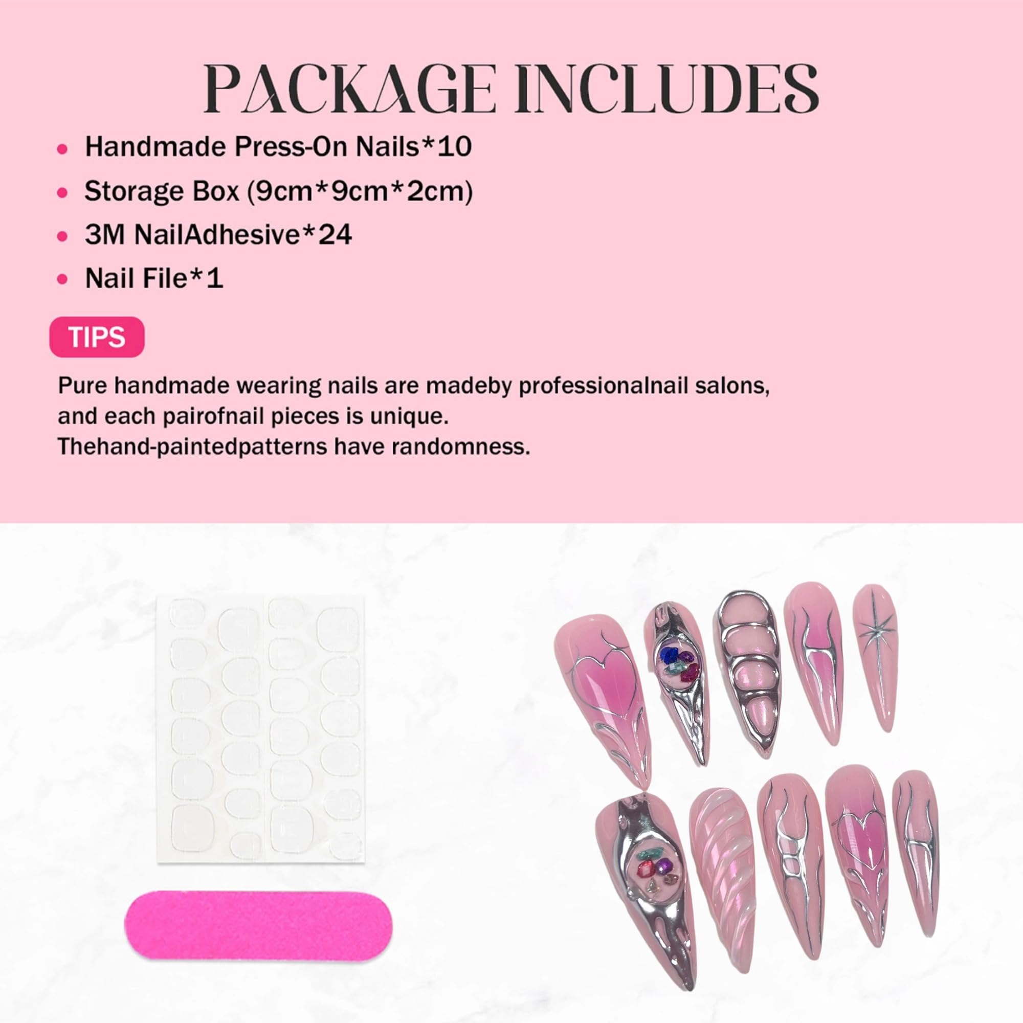 Qicaijia 10Pcs Long Press On Nails – Pink Almond Ombre, Reusable Full Cover