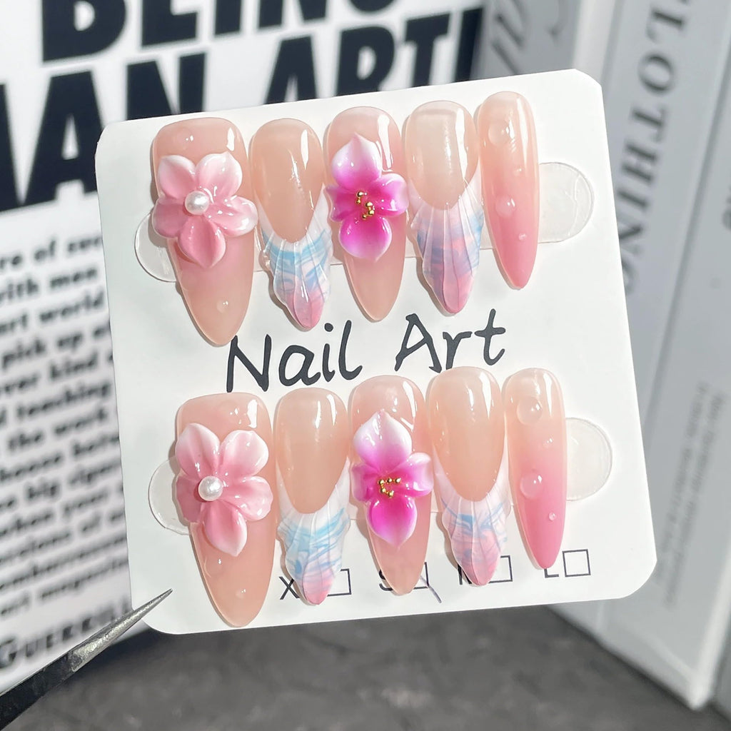 Qicaijia 3D Floral Handmade Press On Nails – Long Almond, Pink French Tip with Pearl Flower (Size M)