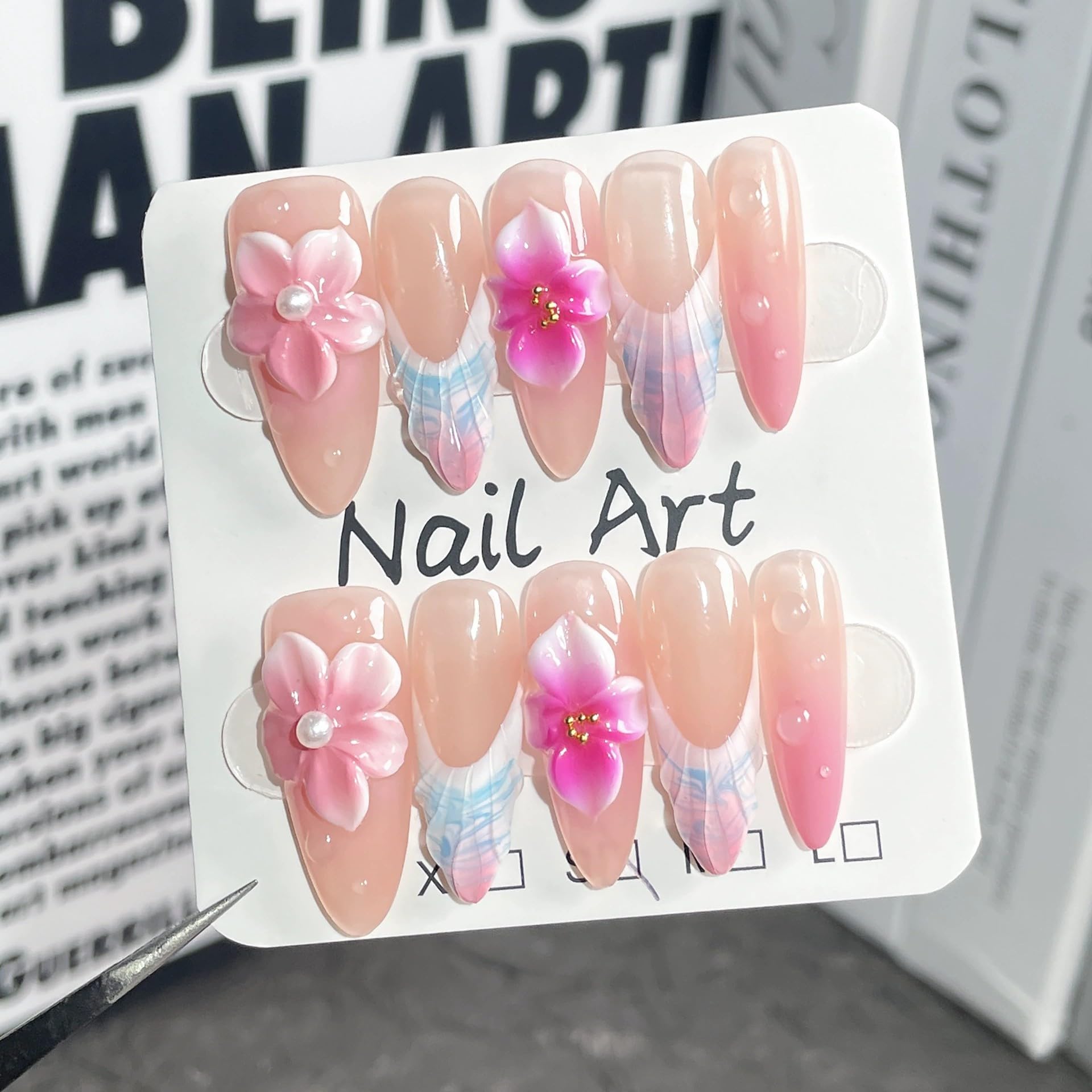 Qicaijia 3D Floral Handmade Press On Nails – Long Almond, Pink French Tip with Pearl Flower (Size M)