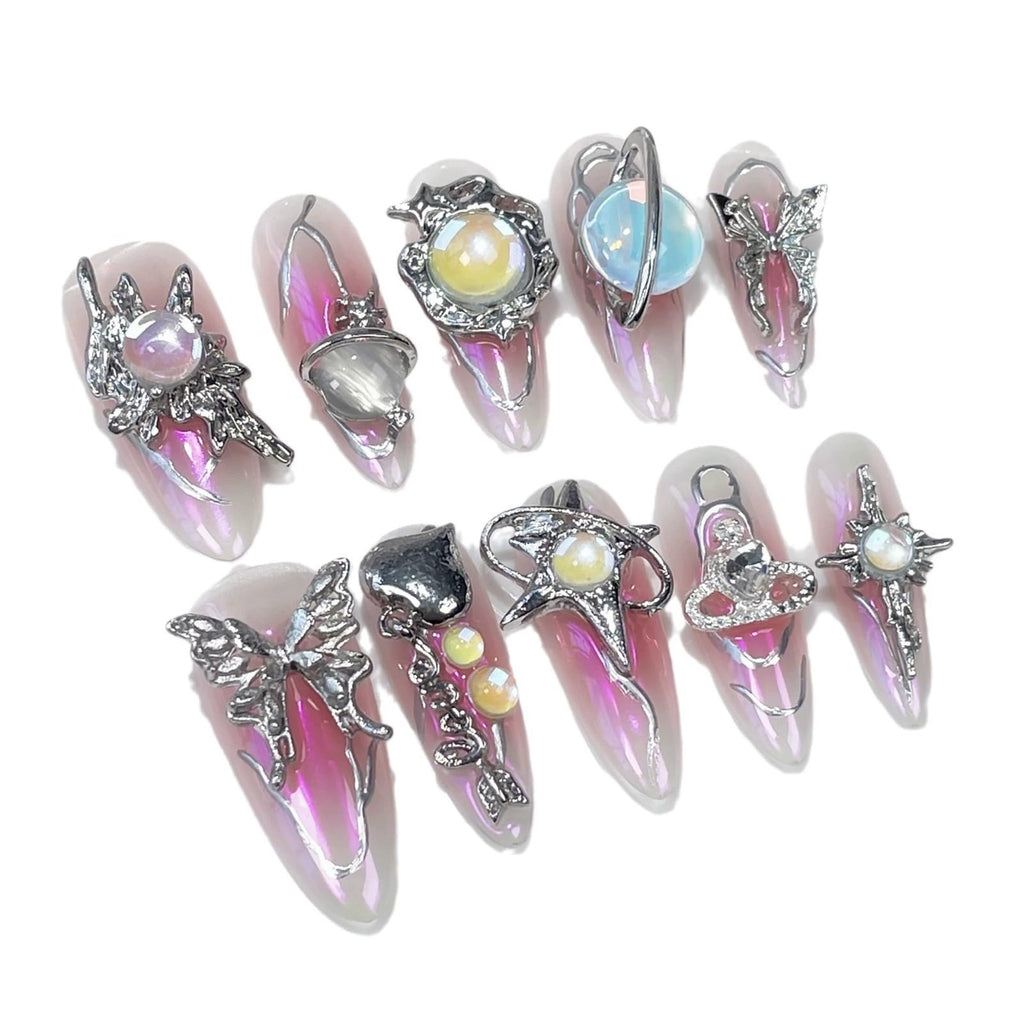 Qicaijia Handmade Press On Nails – Long Almond, 3D Metallic Butterfly, Pink Ombre (10Pcs, Size M)