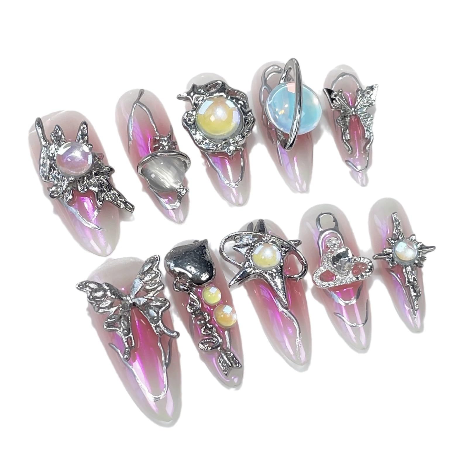 Qicaijia Handmade Press On Nails – Long Almond, 3D Metallic Butterfly, Pink Ombre (10Pcs, Size M)
