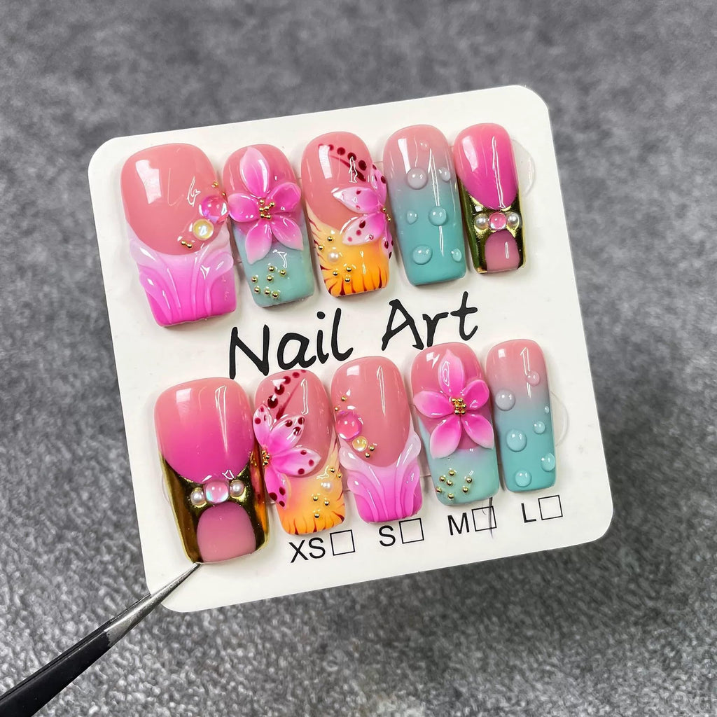 Qicaijia 10Pcs Medium Press-On Nails – 3D Flower Purple Ombre, Square Glossy False Nails