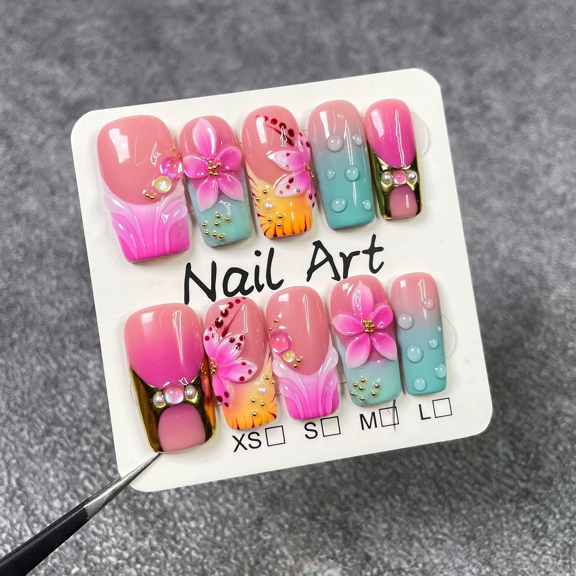 Qicaijia 10Pcs Medium Press-On Nails – 3D Flower Purple Ombre, Square Glossy False Nails