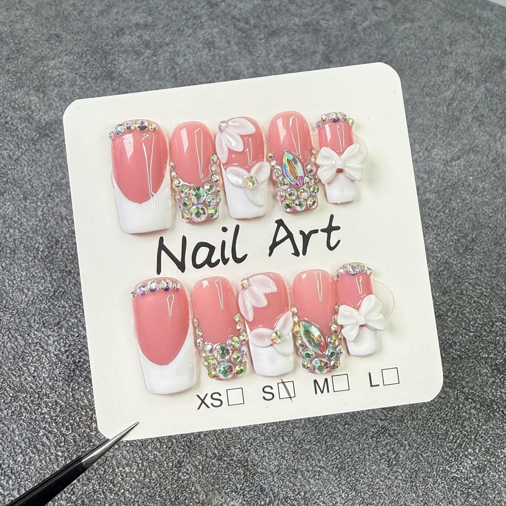Qicaijia Luxury Rhinestone Nails – Medium Square Press-On, 3D Flower Art, White French (10Pcs, Size M)