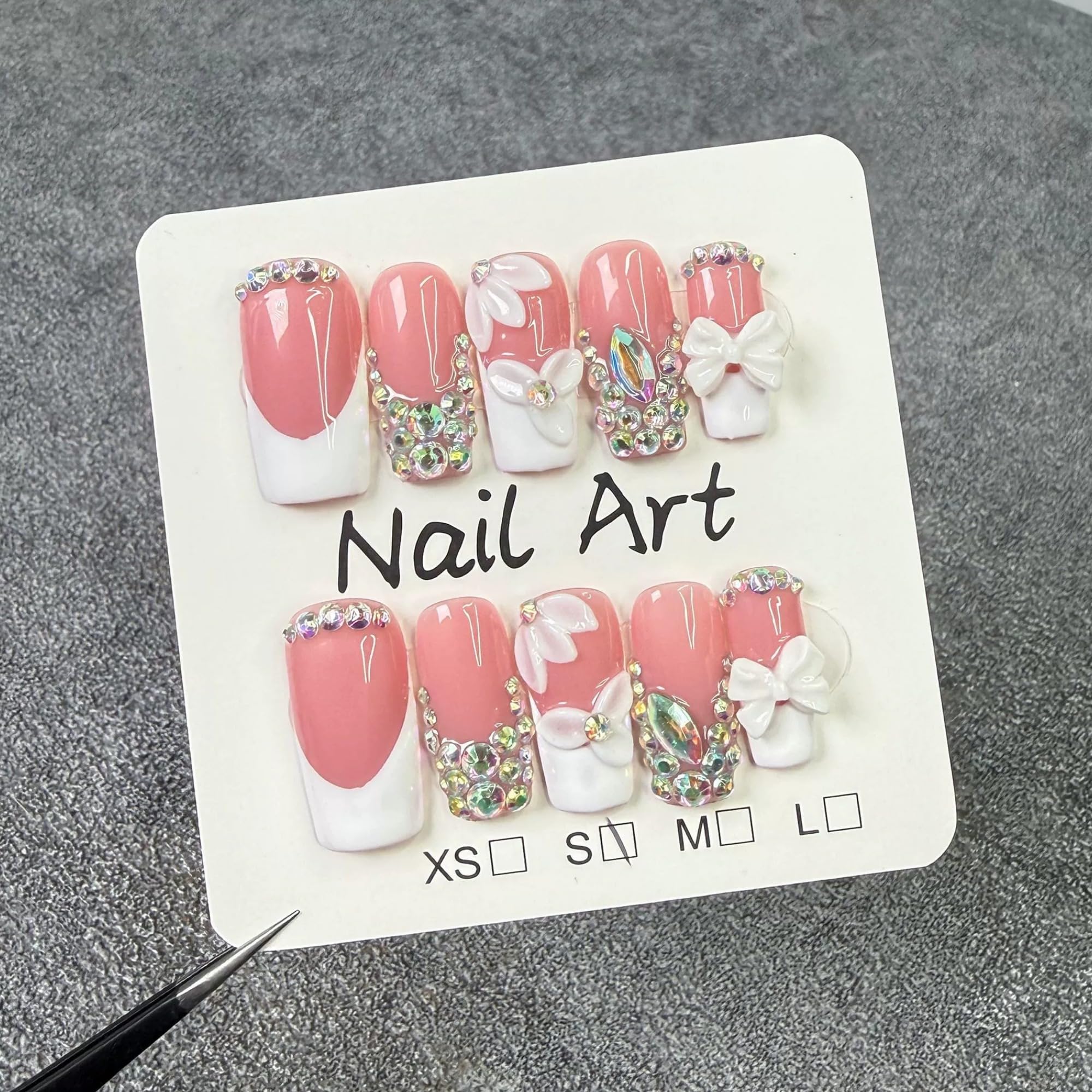 Qicaijia Luxury Rhinestone Nails – Medium Square Press-On, 3D Flower Art, White French (10Pcs, Size M)