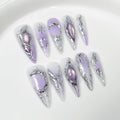 Qicaijia Purple Gradient Press On Nails – Almond Long, 3D Cat’s Eye (10Pcs)
