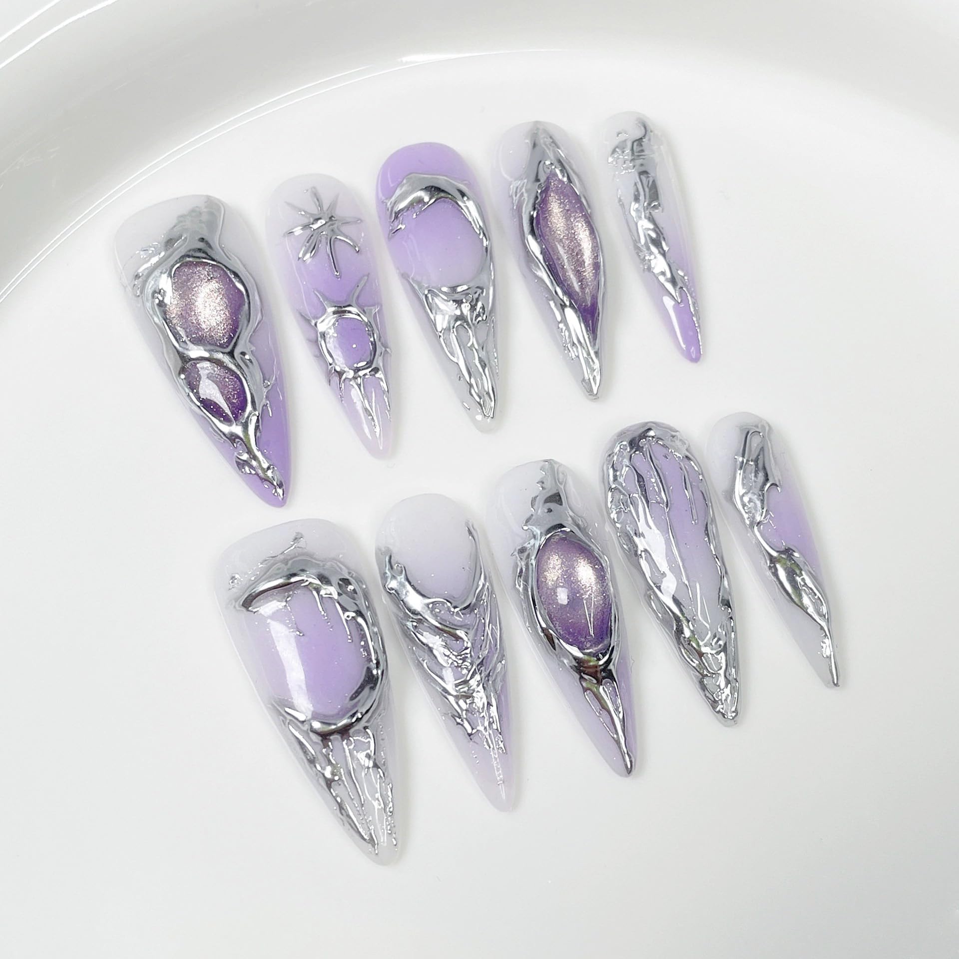 Qicaijia Purple Gradient Press On Nails – Almond Long, 3D Cat’s Eye (10Pcs)