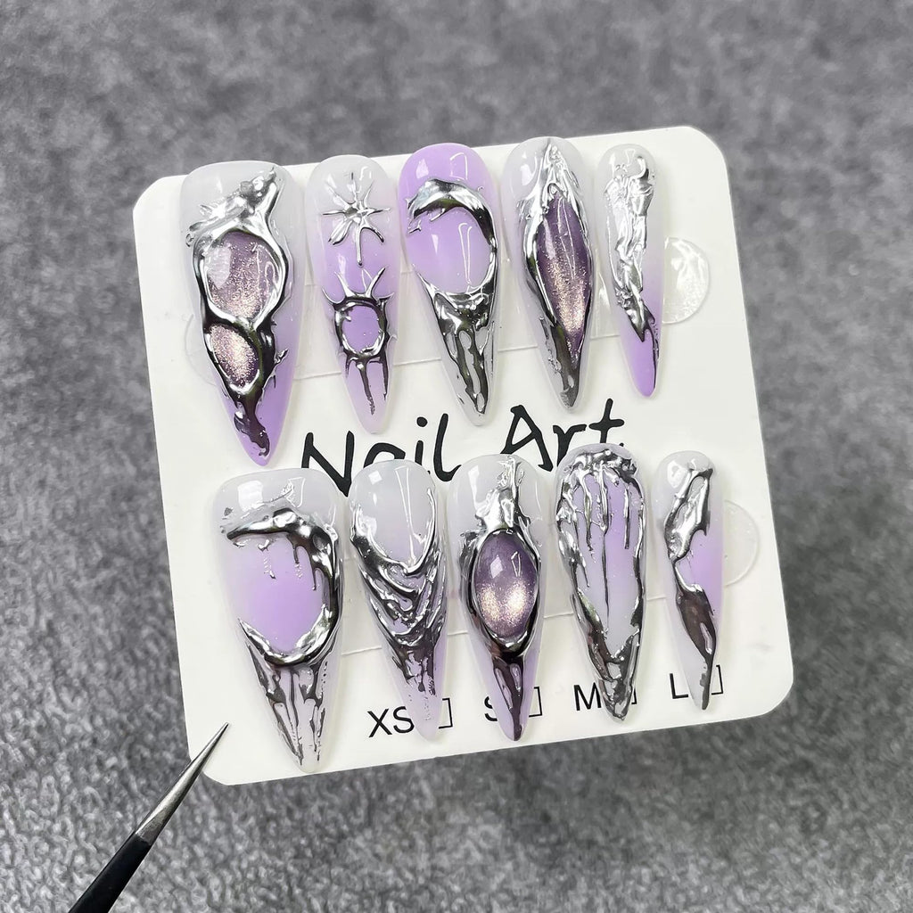 Qicaijia Purple Gradient Press On Nails – Almond Long, 3D Cat’s Eye (10Pcs)