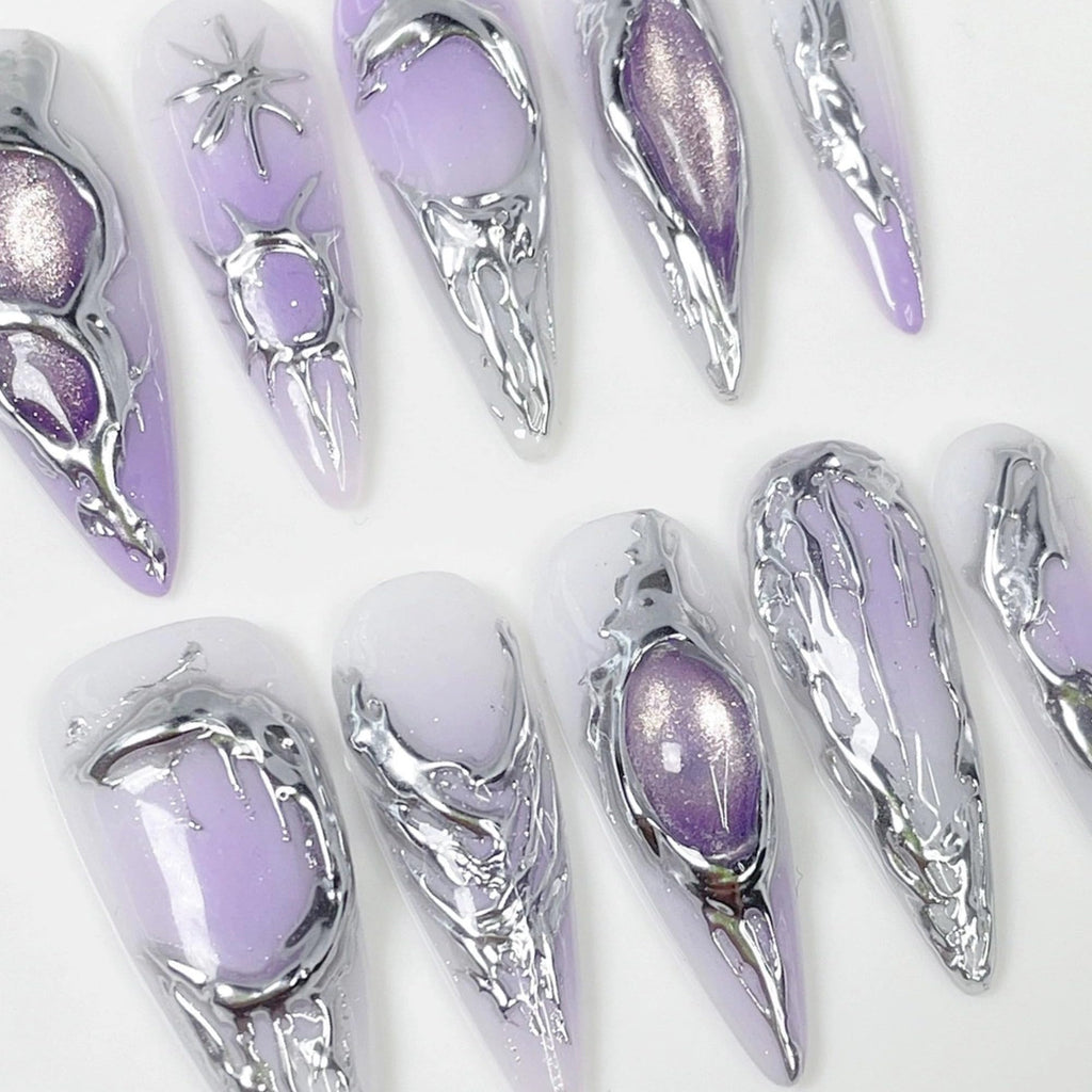 Qicaijia Purple Gradient Press On Nails – Almond Long, 3D Cat’s Eye (10Pcs)