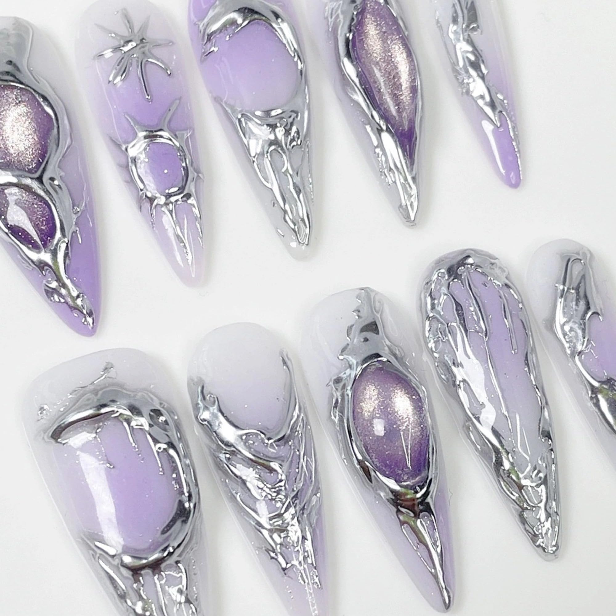 Qicaijia Purple Gradient Press On Nails – Almond Long, 3D Cat’s Eye (10Pcs)