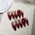 Qicaijia Red Rhinestone French Tip Long Almond Press-On Nails – 10Pcs (Size M)