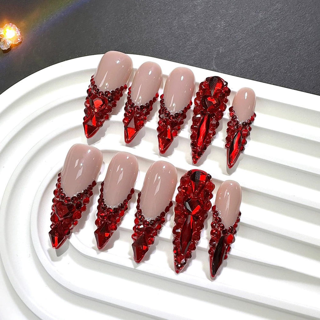 Qicaijia Red Rhinestone French Tip Long Almond Press-On Nails – 10Pcs (Size M)