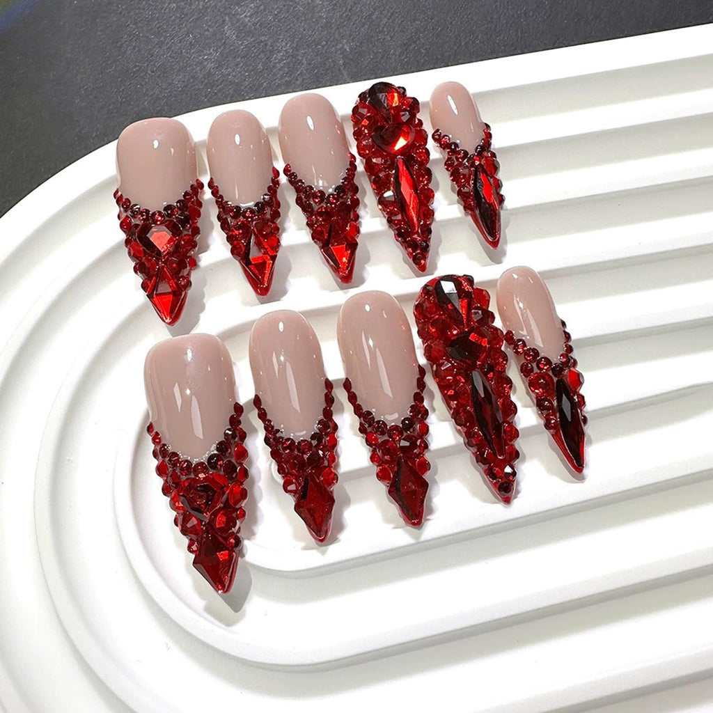 Qicaijia Red Rhinestone French Tip Long Almond Press-On Nails – 10Pcs (Size M)