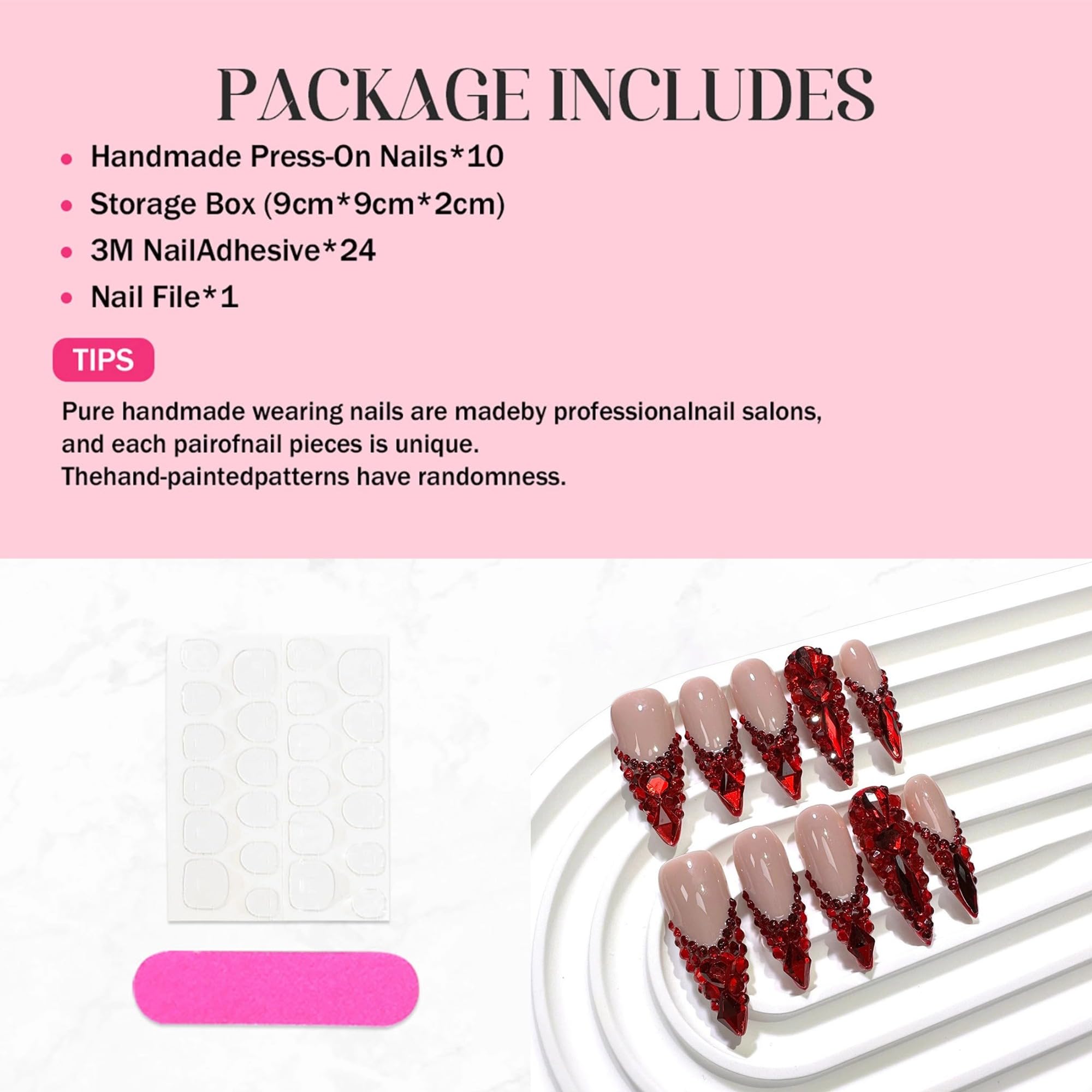 Qicaijia Red Rhinestone French Tip Long Almond Press-On Nails – 10Pcs (Size M)