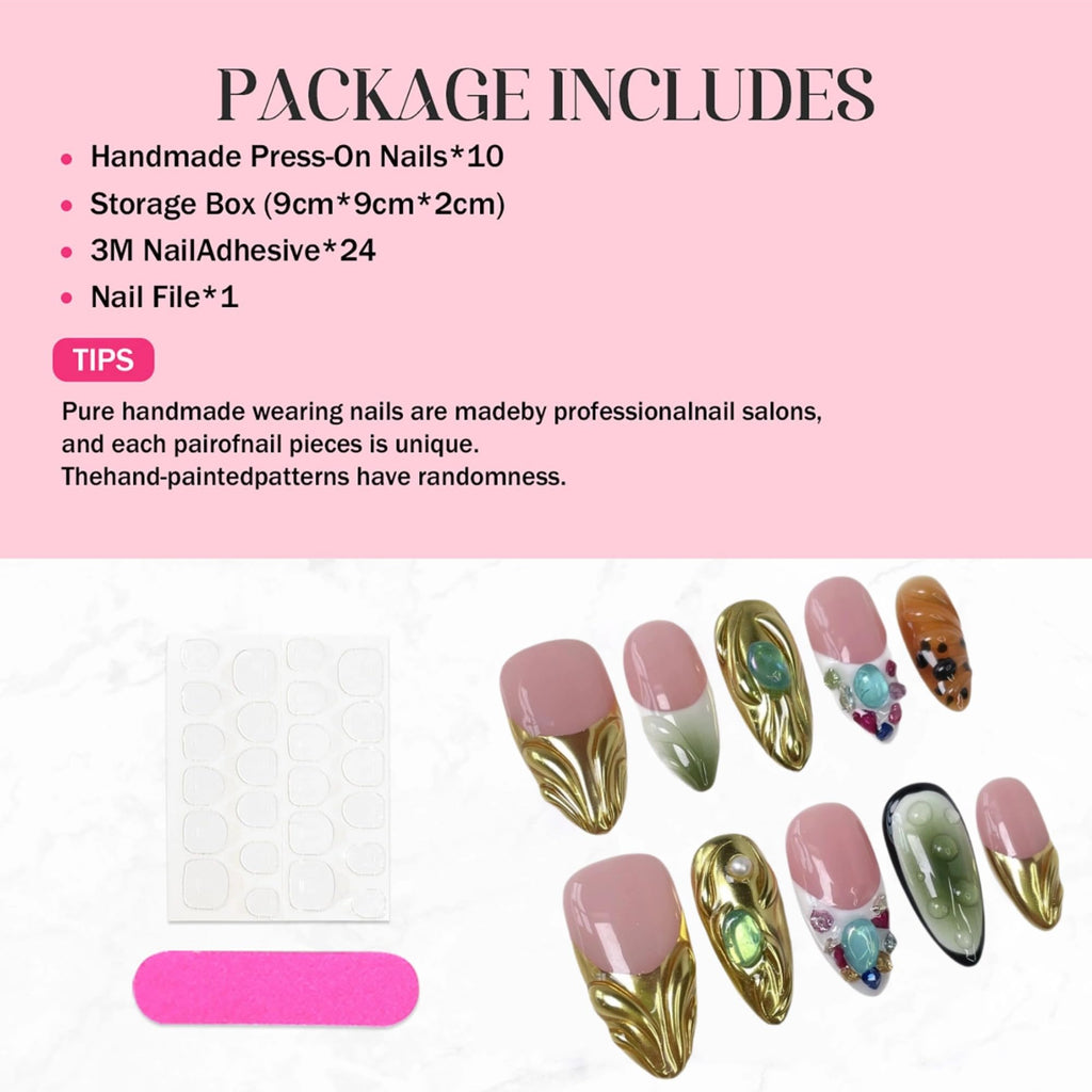 Qicaijia Almond Press-On Nails – Short, 3D Rhinestones, Gold Sparkle, Size M