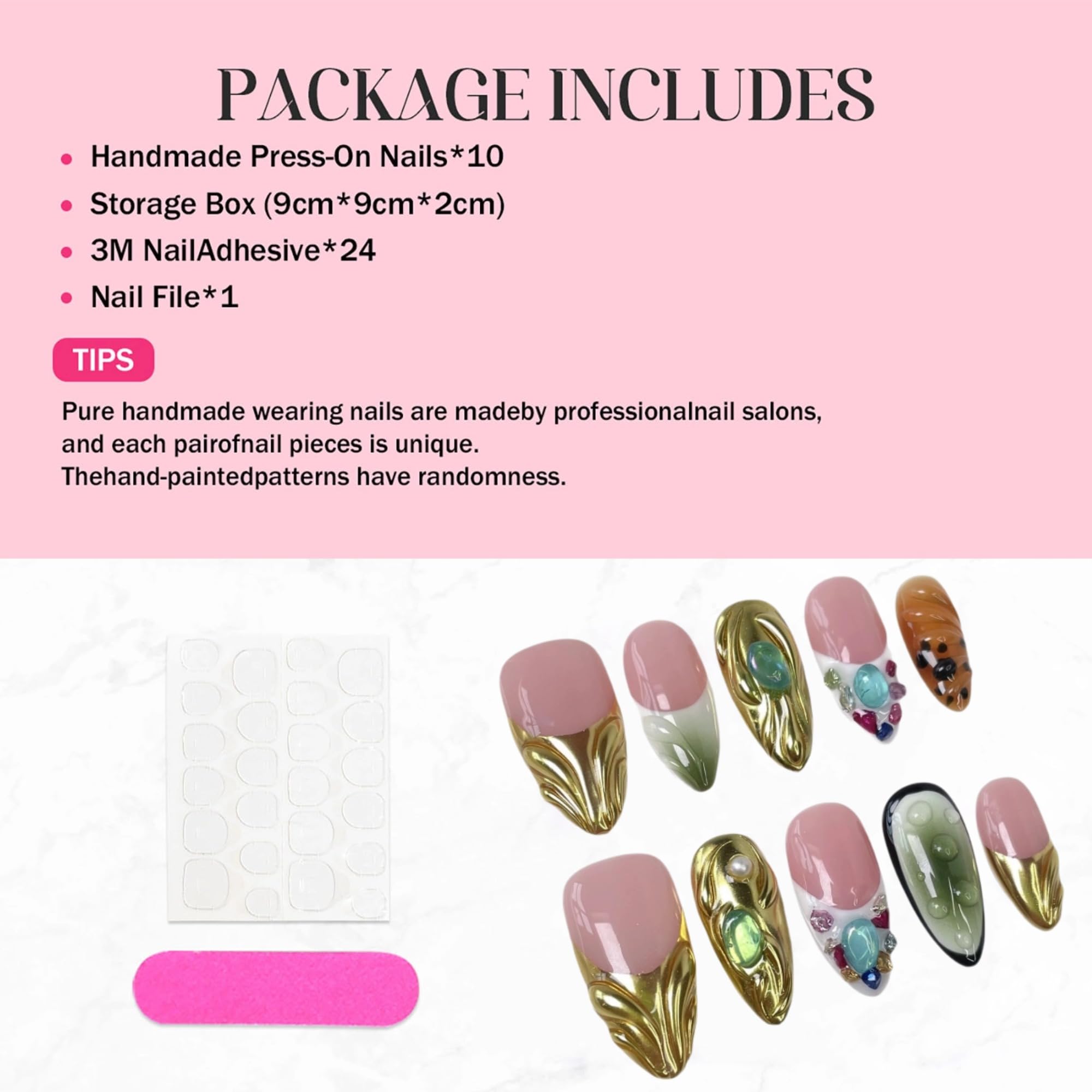Qicaijia Almond Press-On Nails – Short, 3D Rhinestones, Gold Sparkle, Size M