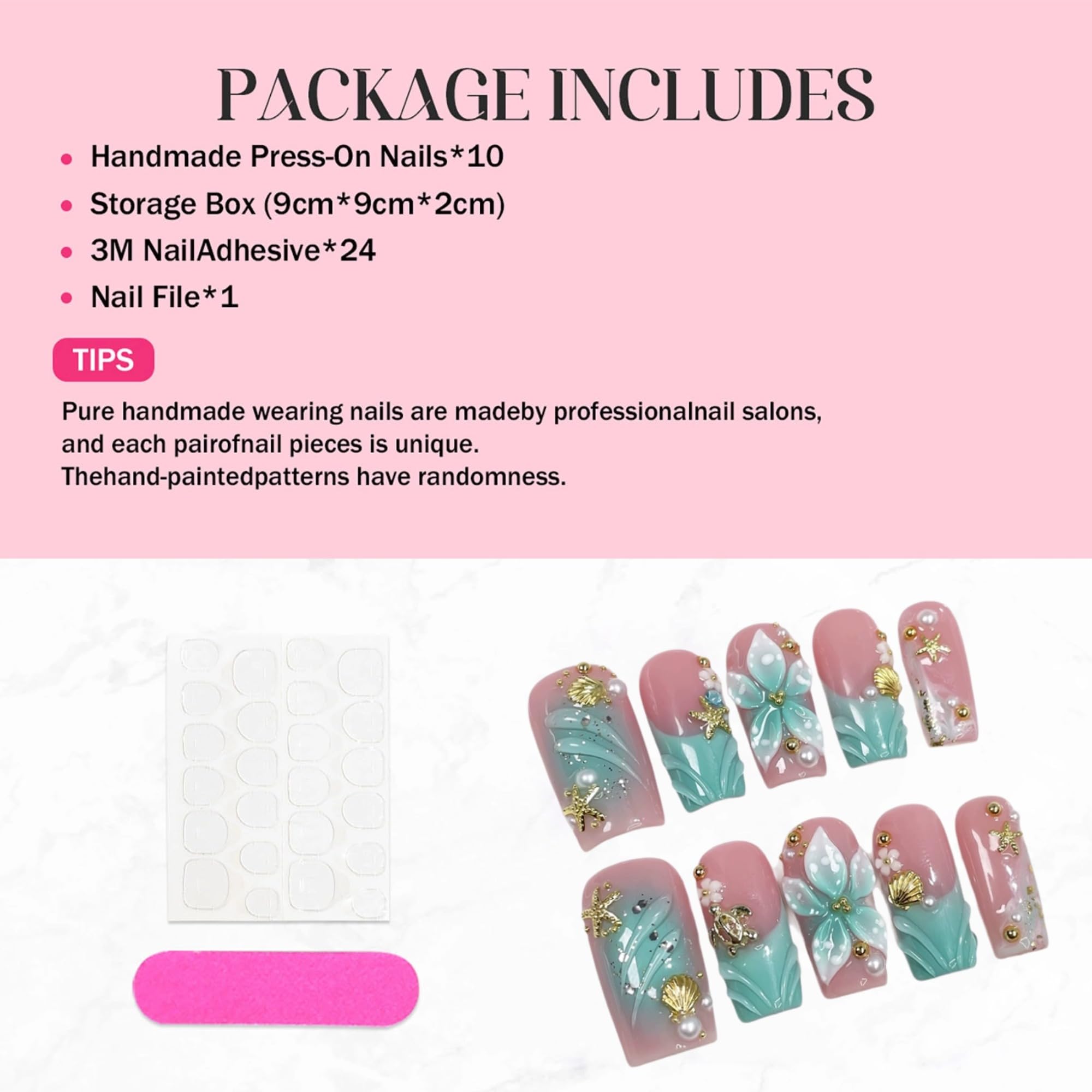 Qicaijia Luxury Handmade Press-On Nails – Blue French Ombre with 3D Flower Art, Size M, 10 Pcs
