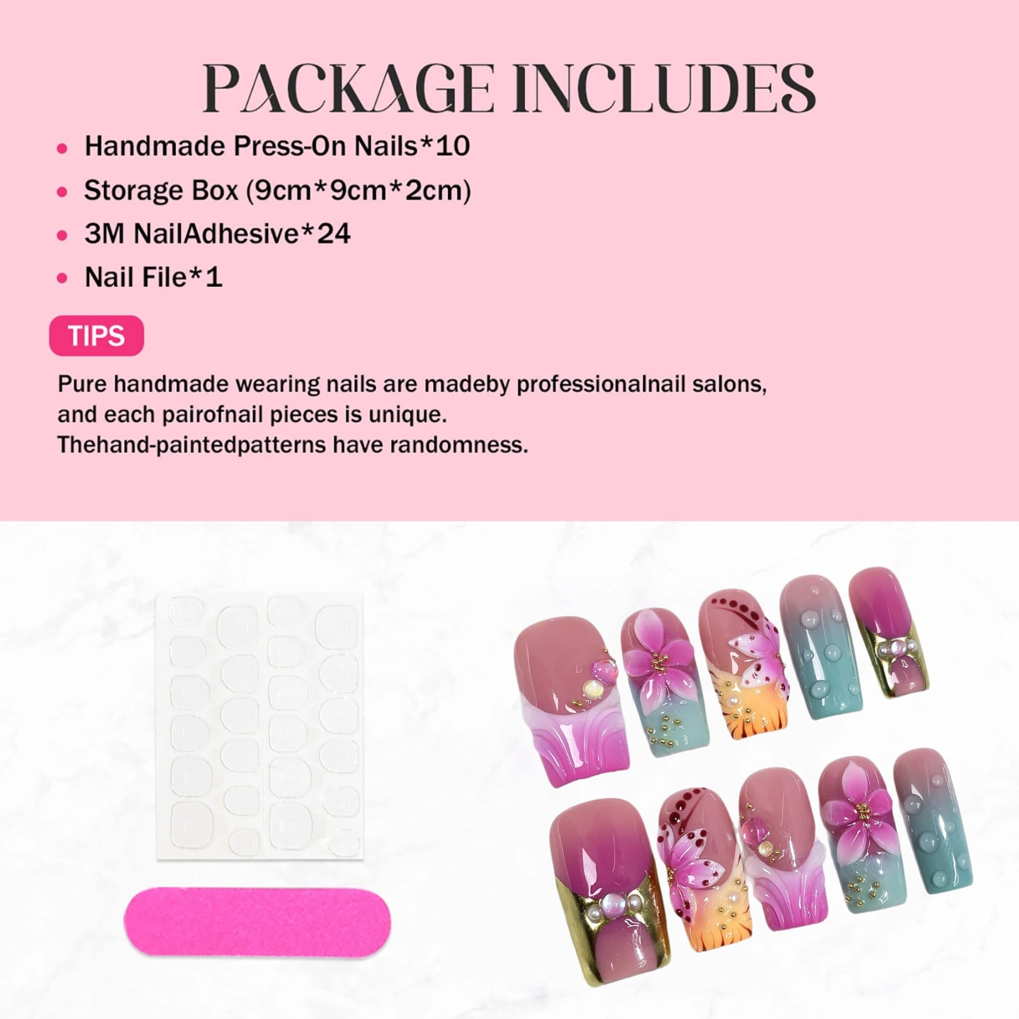Qicaijia 10Pcs Medium Press-On Nails – 3D Flower Purple Ombre, Square Glossy False Nails