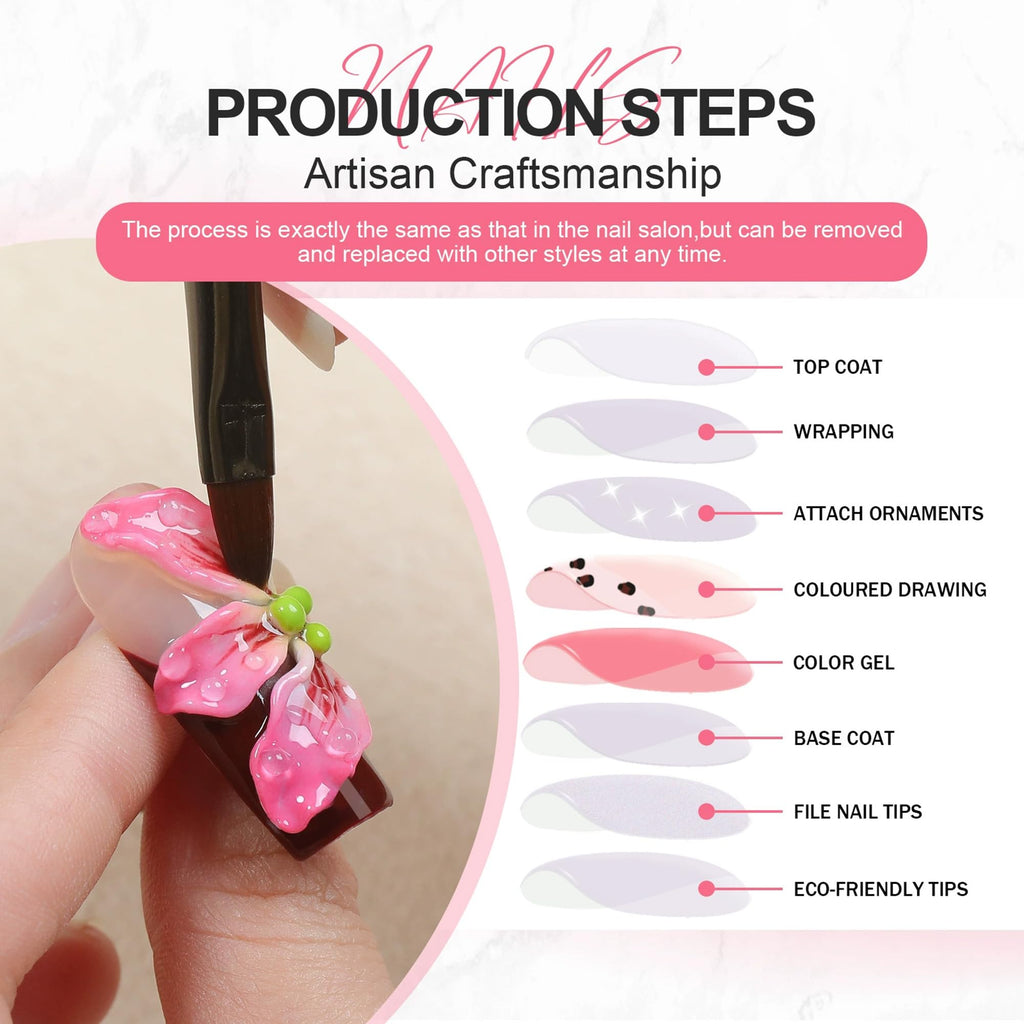 Qicaijia Pink Handmade Duck Nail Set – 10Pcs Press-On Nails with Glue and Sparkling Tips