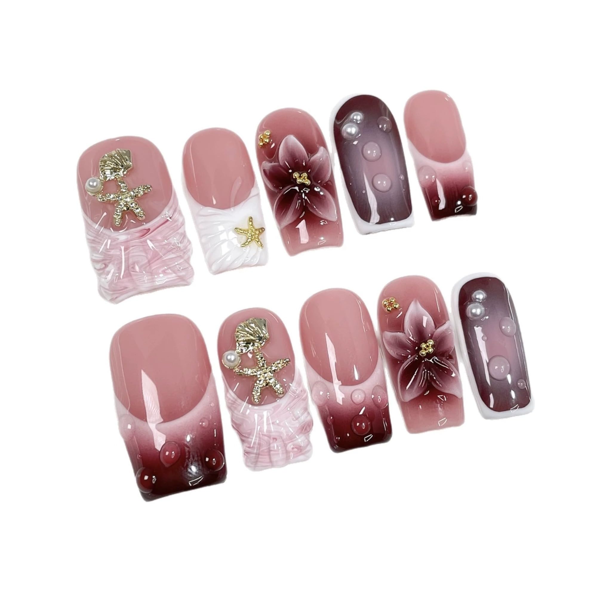 Qicaijia 10Pcs Square Press-On Nails – Medium, Handmade 3D Flower, Shell & Starfish Design