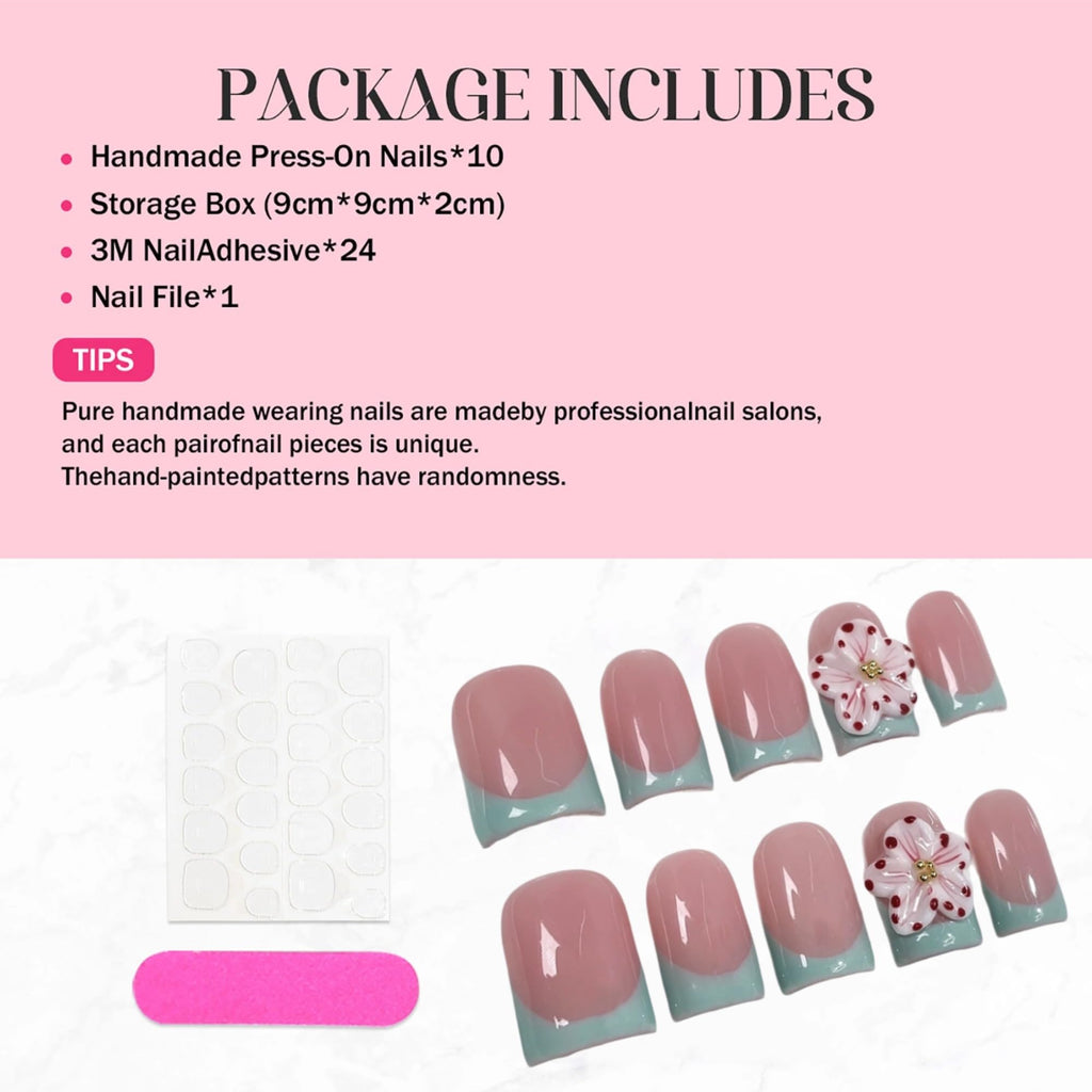 Qicaijia 3D Flower Press On Nails – Short Square Gel Nails with Green French Tip (Size M)