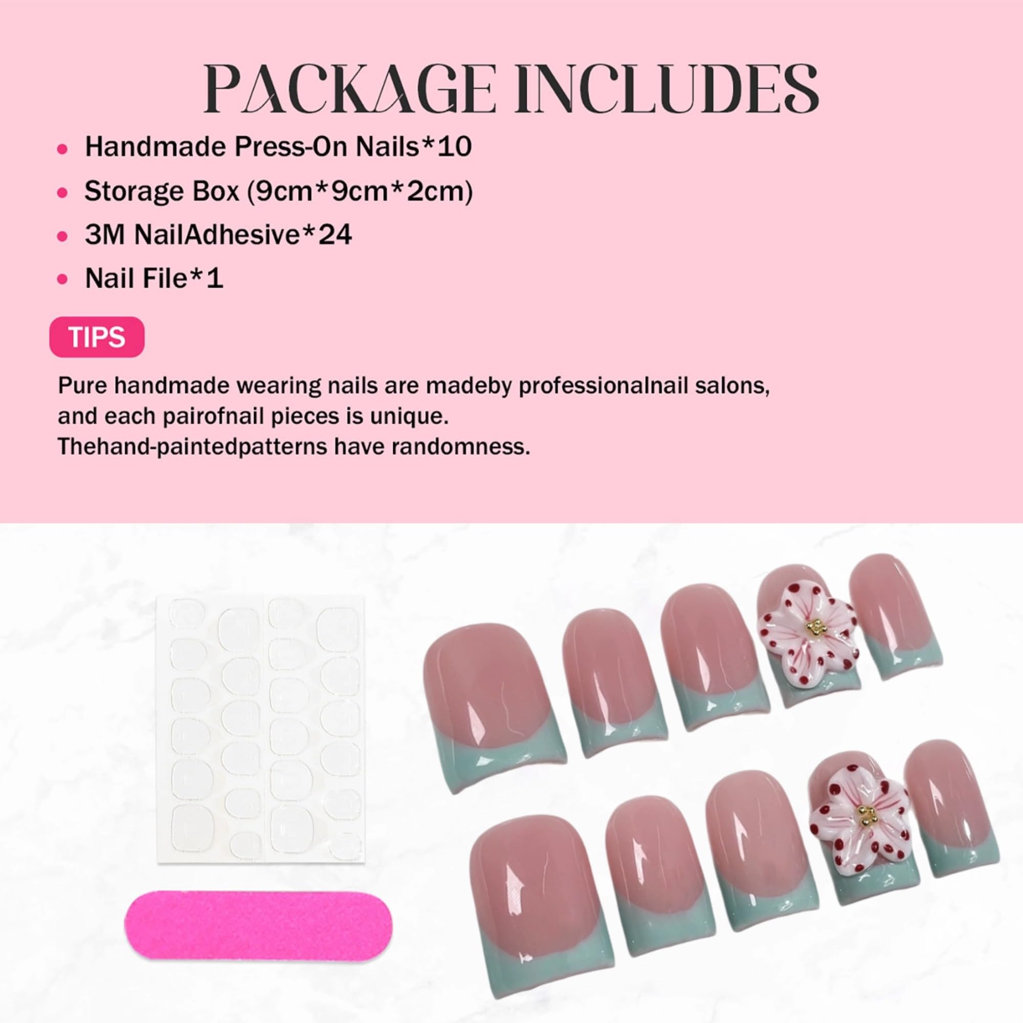 Qicaijia 3D Flower Press On Nails – Short Square Gel Nails with Green French Tip (Size M)