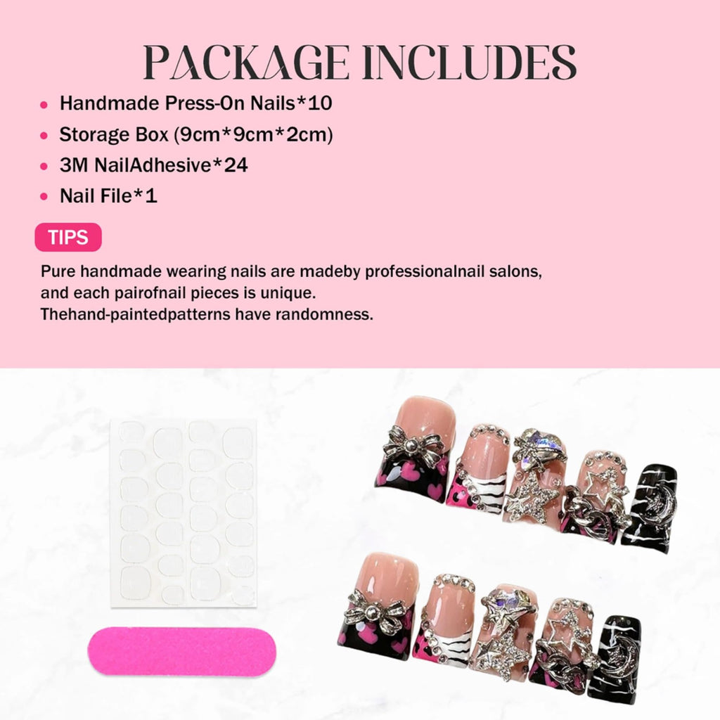 Qicaijia Handmade Short Duck Press-On Nails - Black French Tip, 10 Pcs (Size M)