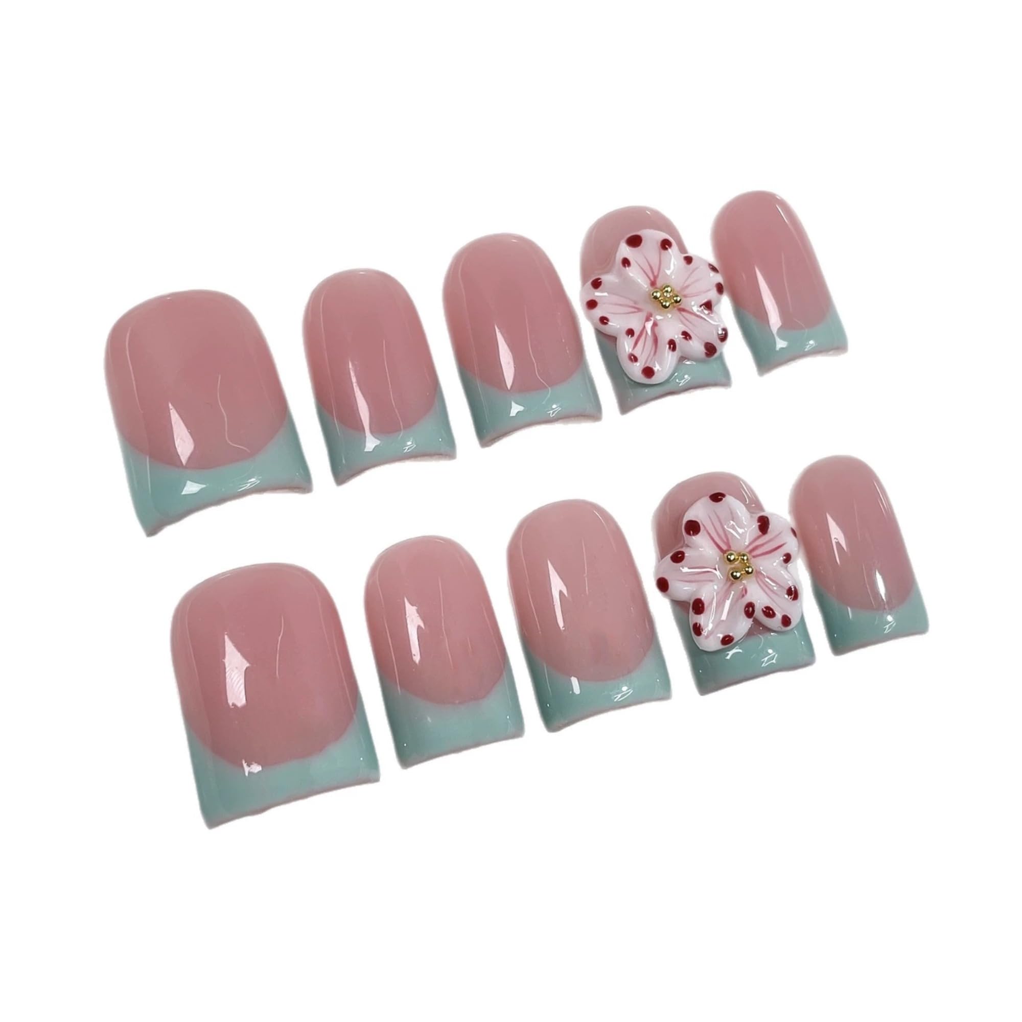 Qicaijia 3D Flower Press On Nails – Short Square Gel Nails with Green French Tip (Size M)