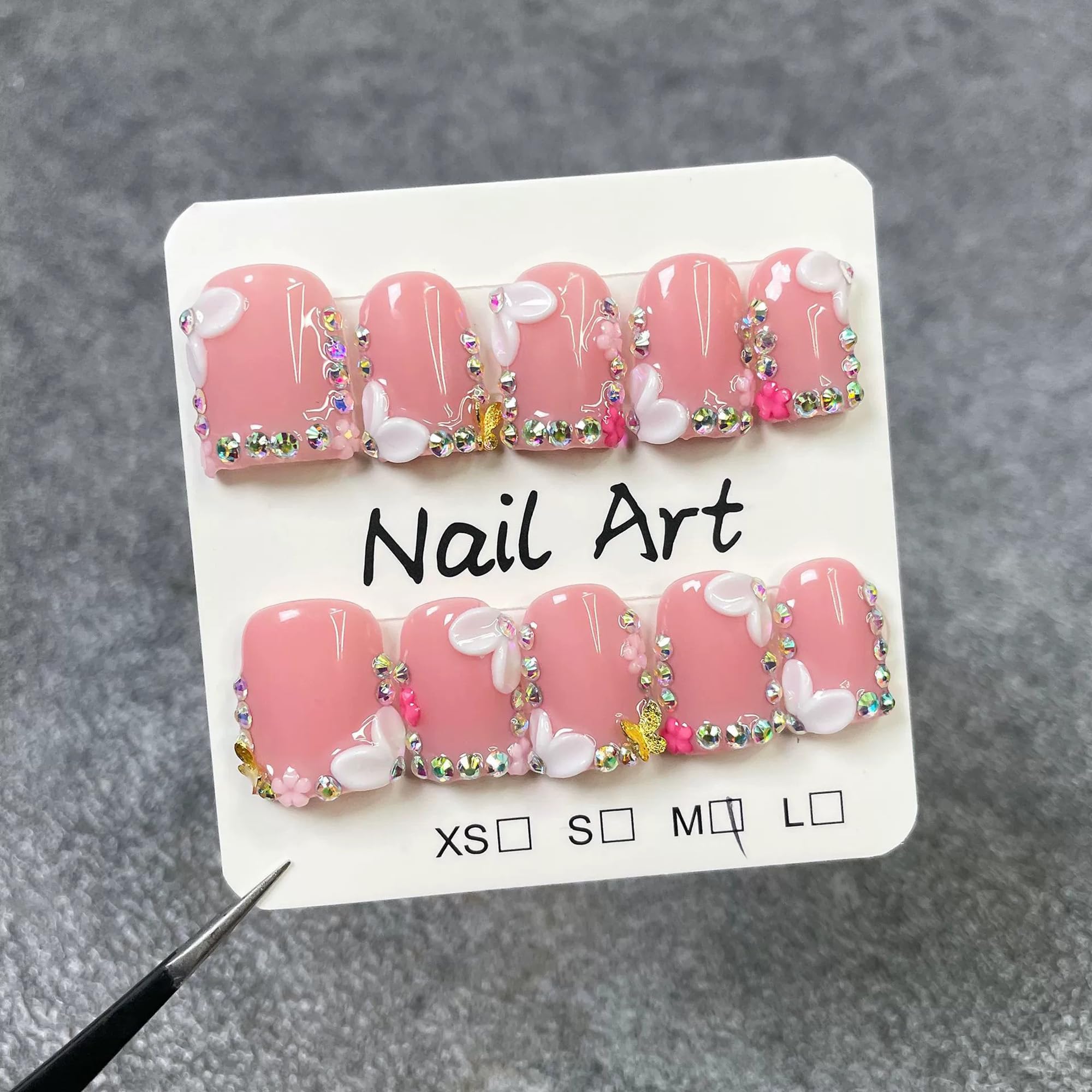 Qicaijia 10Pcs Luxury Handmade Press-On Nails – Short Square 3D Floral (Size M)