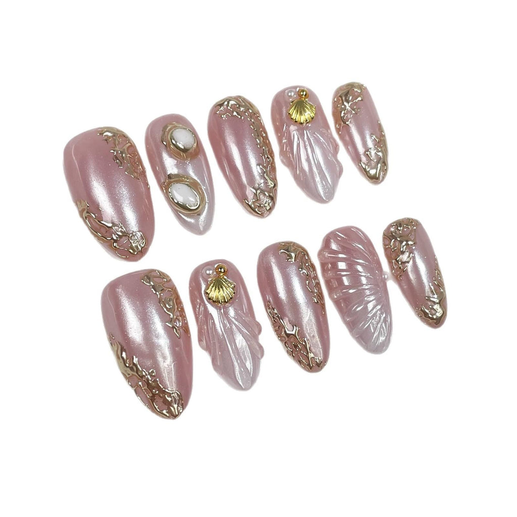 Qicaijia Handmade Short Pink Almond Press-On Nails – 10Pcs Size M, Reusable with 3D Ocean Shell Embossed Design
