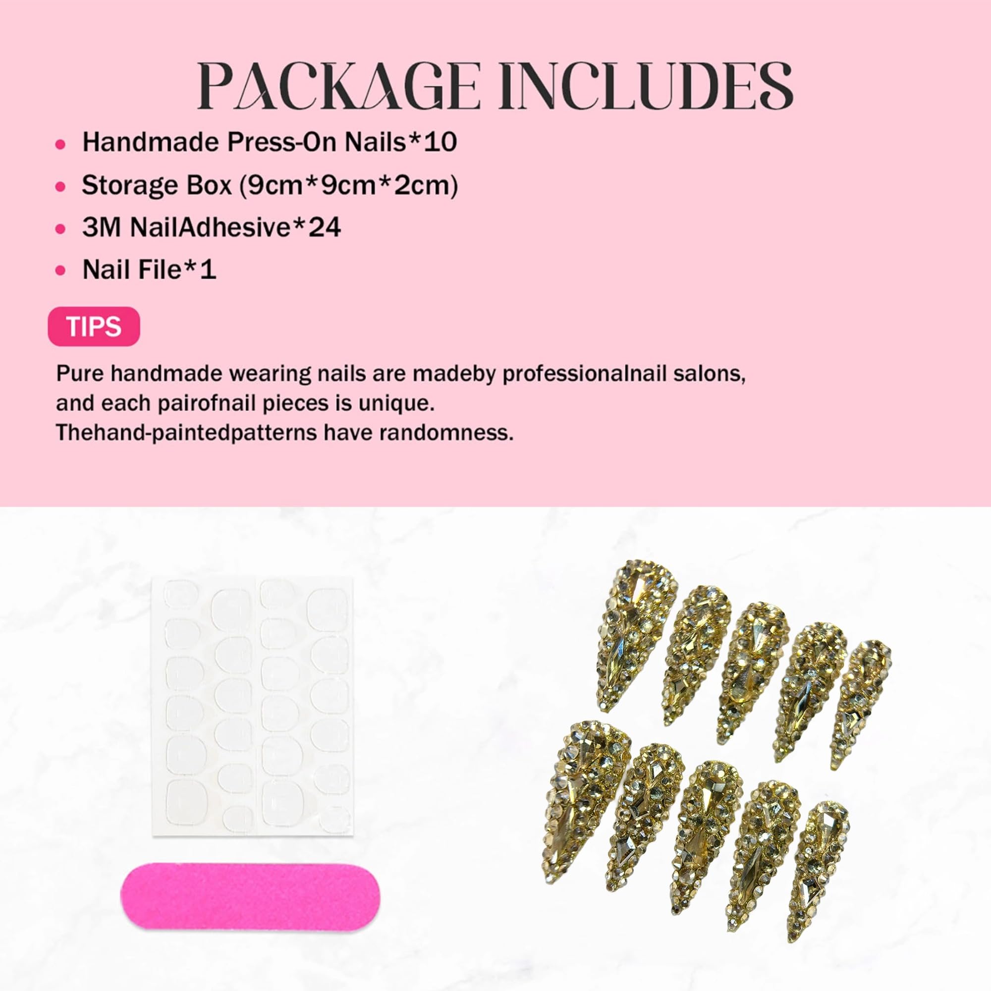 Qicaijia Almond Press-On Nails – Long Gold Rhinestones, 10Pcs (Size M) Luxury Full Cover