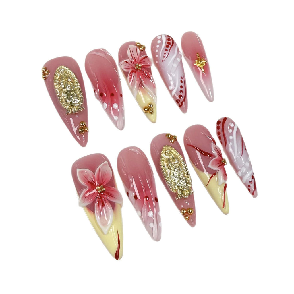 Qicaijia Long Press On Nails – Almond Design, 3D Flower French Tip, Glue-On, 10Pcs (Size M)