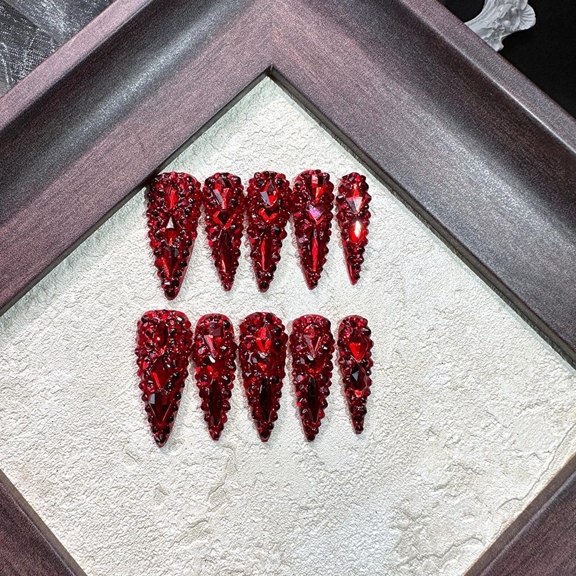 Qicaijia Long Almond Press-On Nails – Sparkly Red Rhinestones, Full-Cover False Nails (10Pcs, Size M)