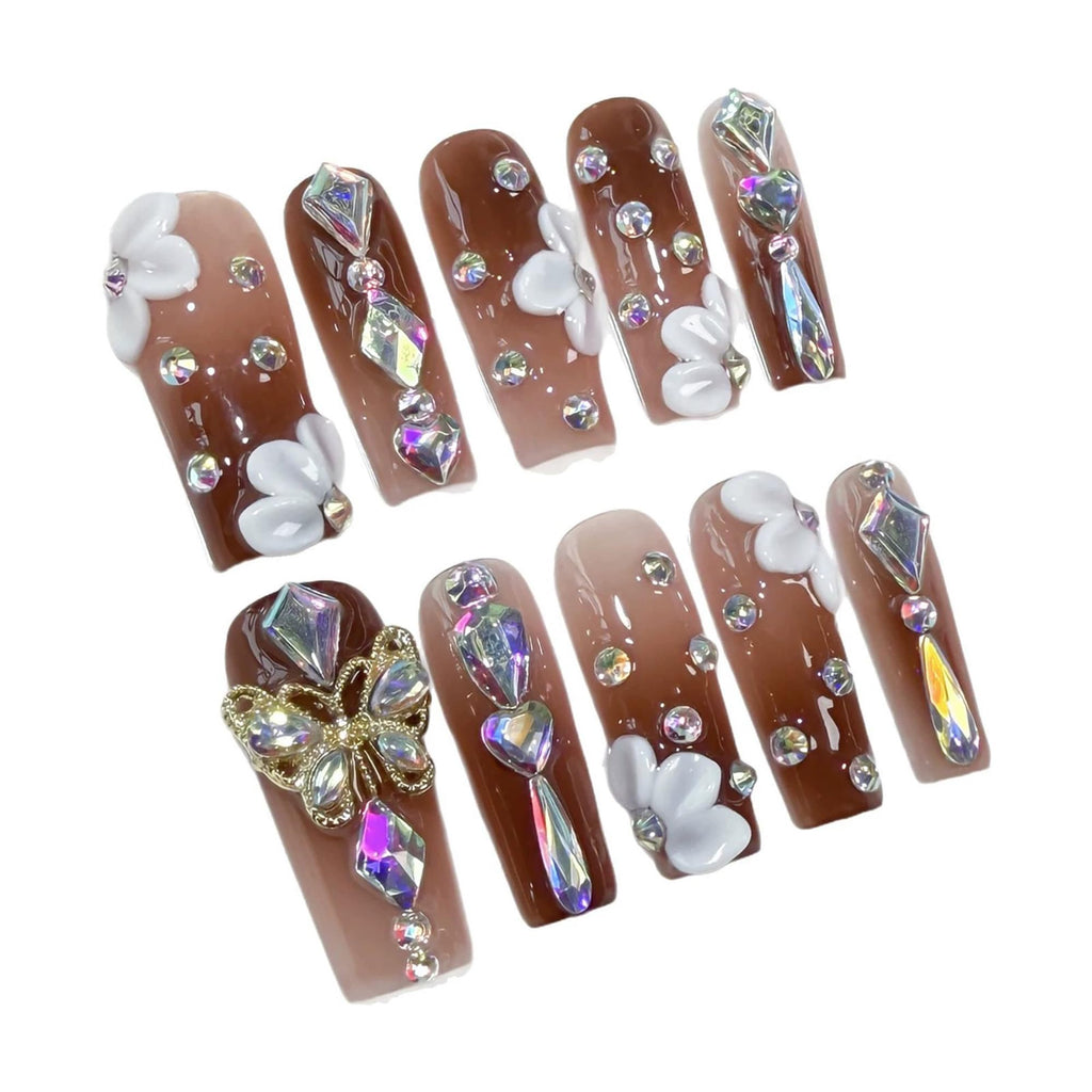 Qicaijia Long Press Nails – Square Luxury Reusable False Nails with 3D Flower & Butterfly Design (10Pcs, Size M)