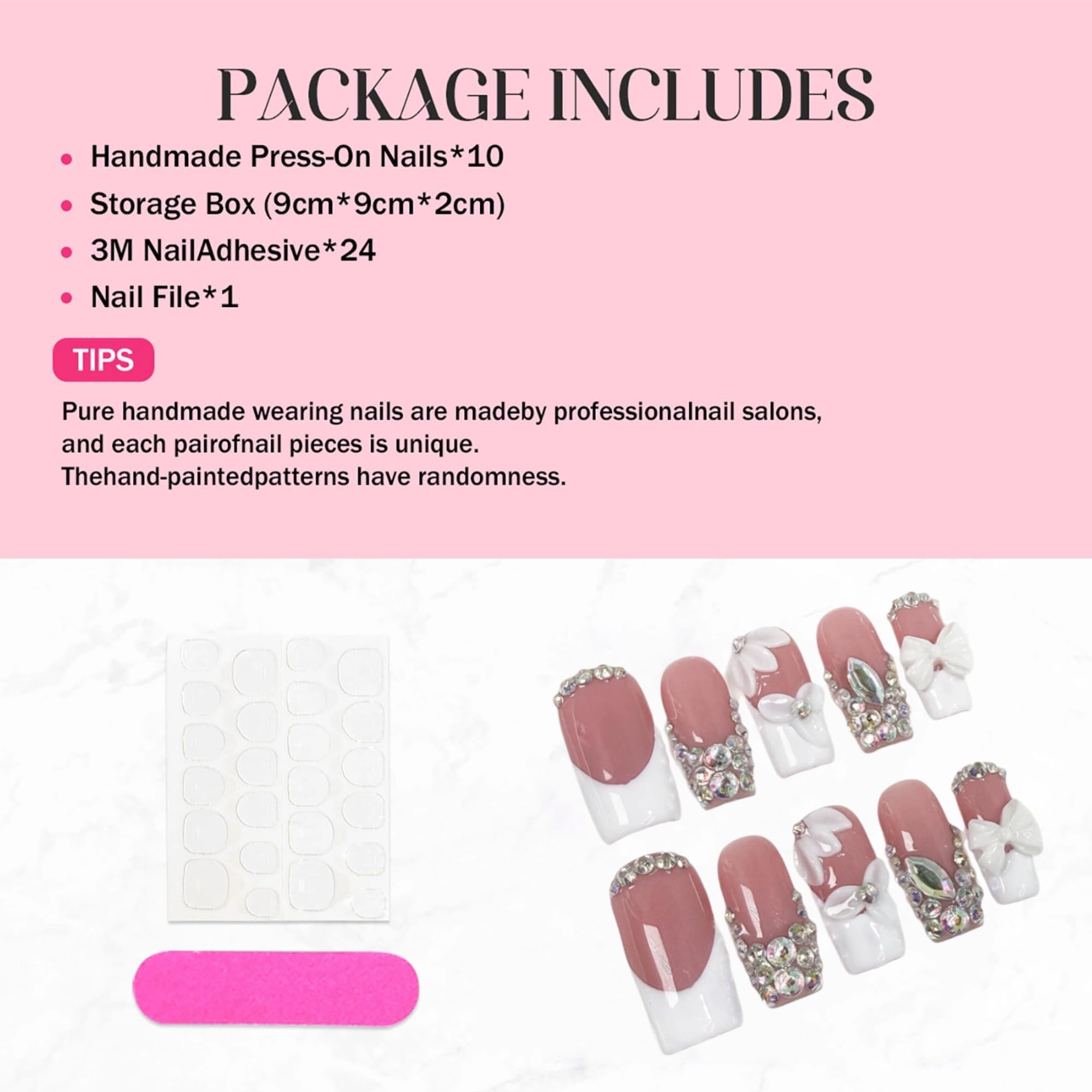 Qicaijia Luxury Rhinestone Nails – Medium Square Press-On, 3D Flower Art, White French (10Pcs, Size M)