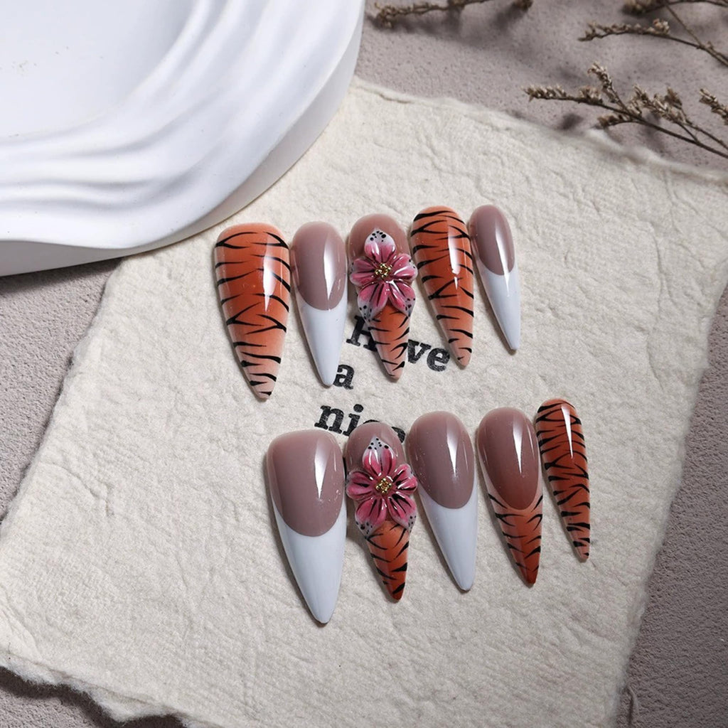Qicaijia White French Tip Nails – Long Almond Press-On Nails with Leopard 3D Flower (10 Pcs, Size M)