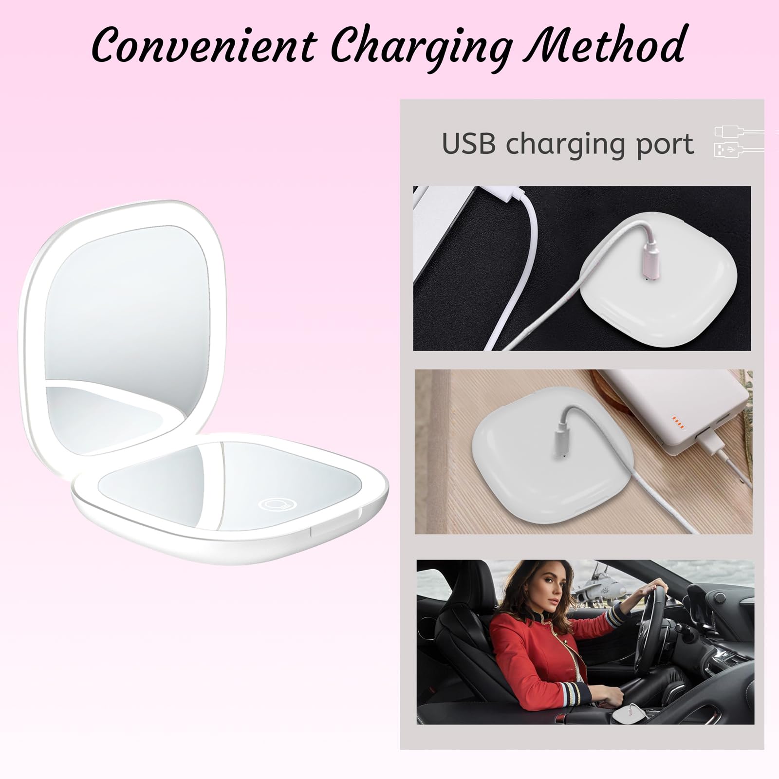 Qidoe Compact LED Travel Mirror — 1x/10x Magnification, 3 Lighting Modes, USB-C Rechargeable