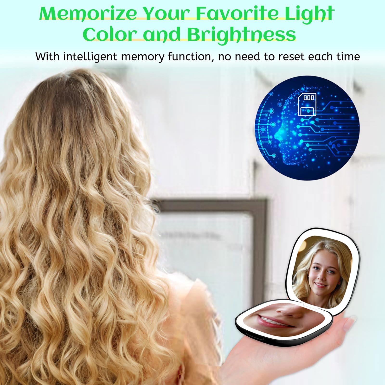Qidoe Compact Travel Makeup Mirror – 1x/10x Magnification, Dimmable USB-C Rechargeable